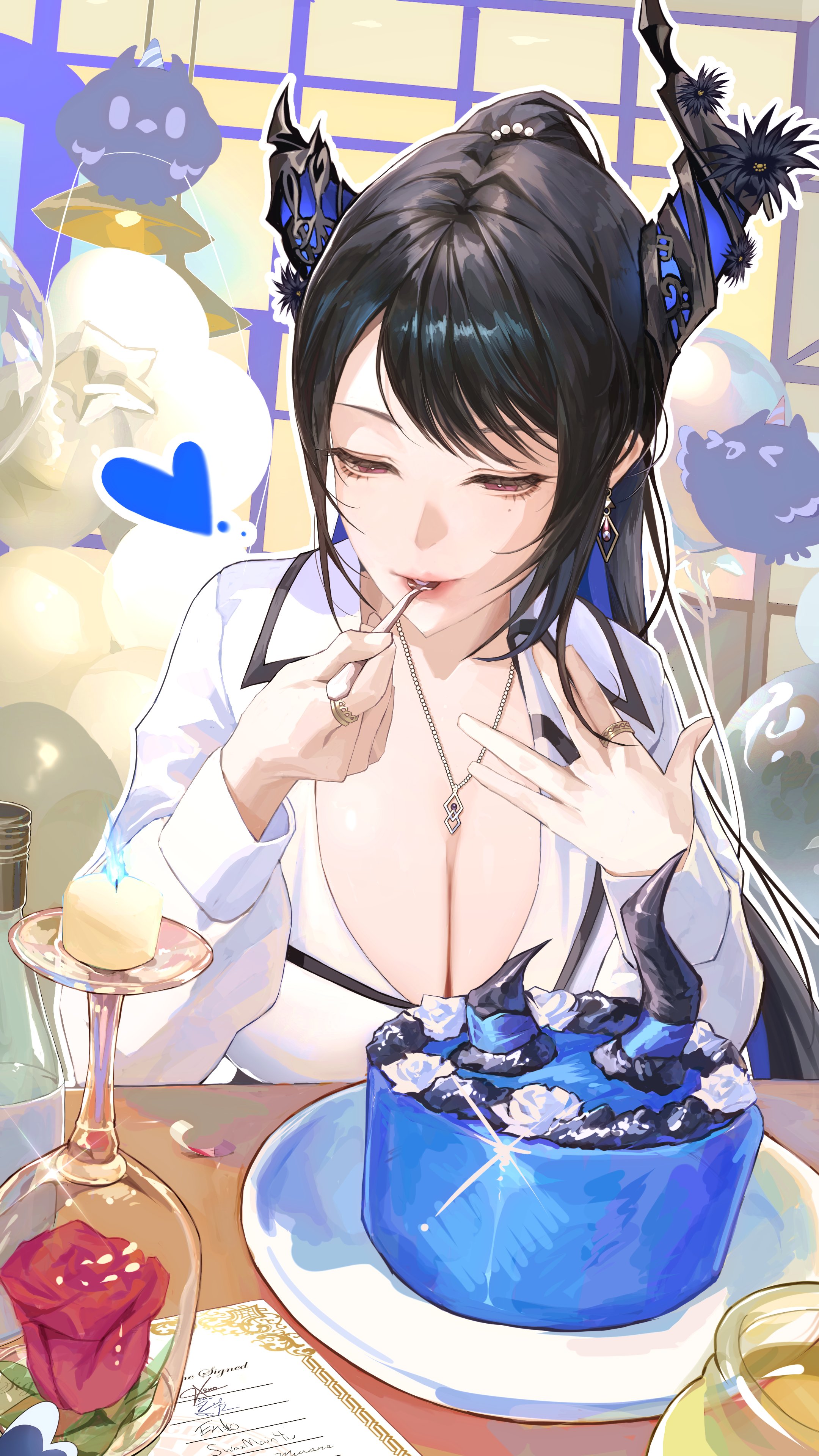 thekaiyip, jailbird (nerissa ravencroft), nerissa ravencroft, nerissa ravencroft (casual), hololive, hololive english, absurdres, commentary, english commentary, highres, 1girl, asymmetrical horns, balloon, black hair, blue hair, breasts, cake, candle, collared shirt, colored inner hair, cup, drinking glass, earrings, eating, flower, food, hands up, holding, holding spoon, horn flower, horns, indoors, jewelry, large breasts, long hair, mole, mole under eye, multicolored hair, necklace, official alternate costume, official alternate hairstyle, ponytail, purple eyes, ring, rose, shirt, solo, spoon, star balloon, swept bangs, uneven horns, very long hair, virtual youtuber, white shirt, wine glass