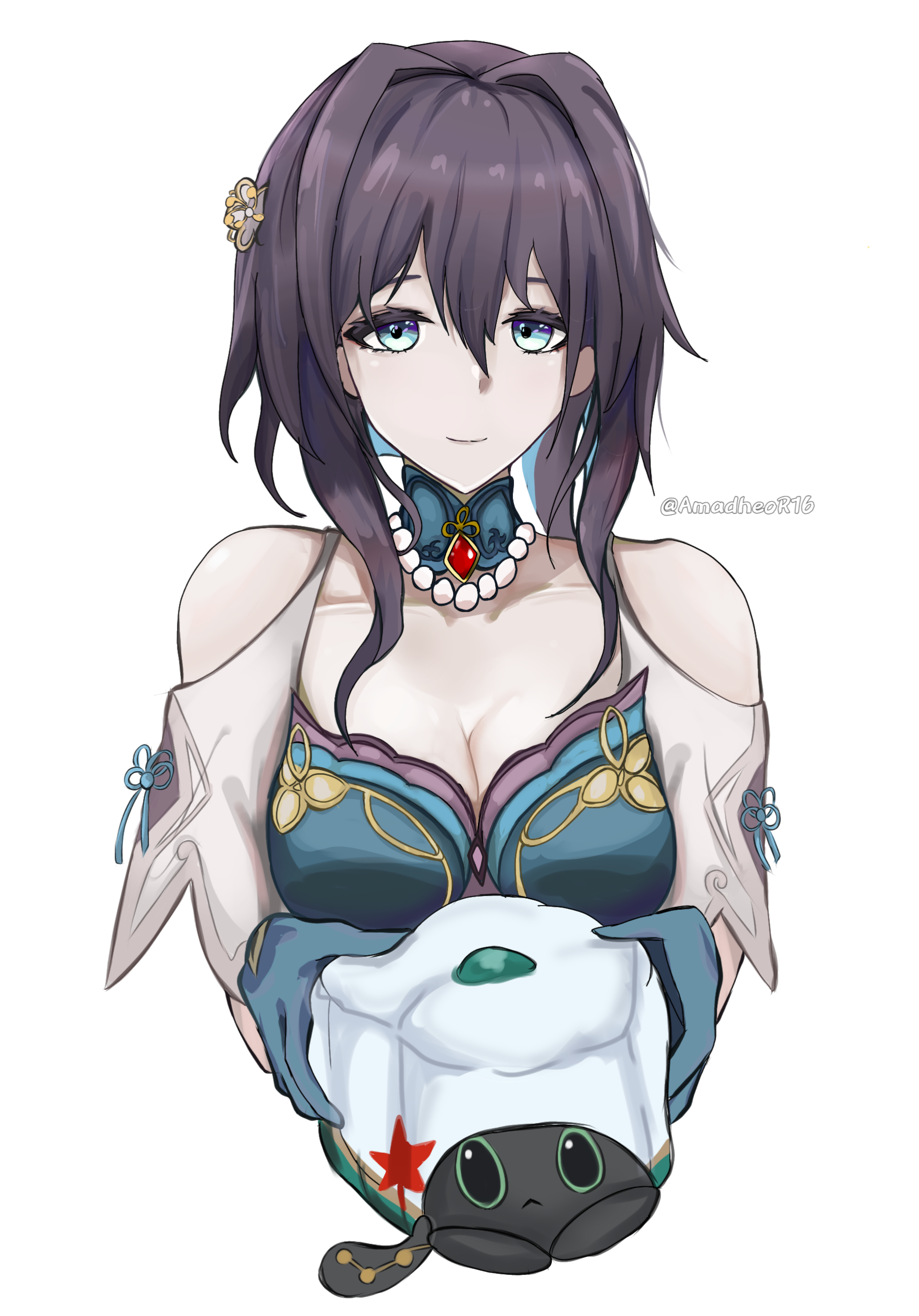 ruan mei (honkai: star rail), honkai: star rail, honkai (series), absurdres, highres, amadheor, breasts, chinese clothes, collar, gloves, hair ornament, holding, looking at viewer, open clothes, upper body, watermark