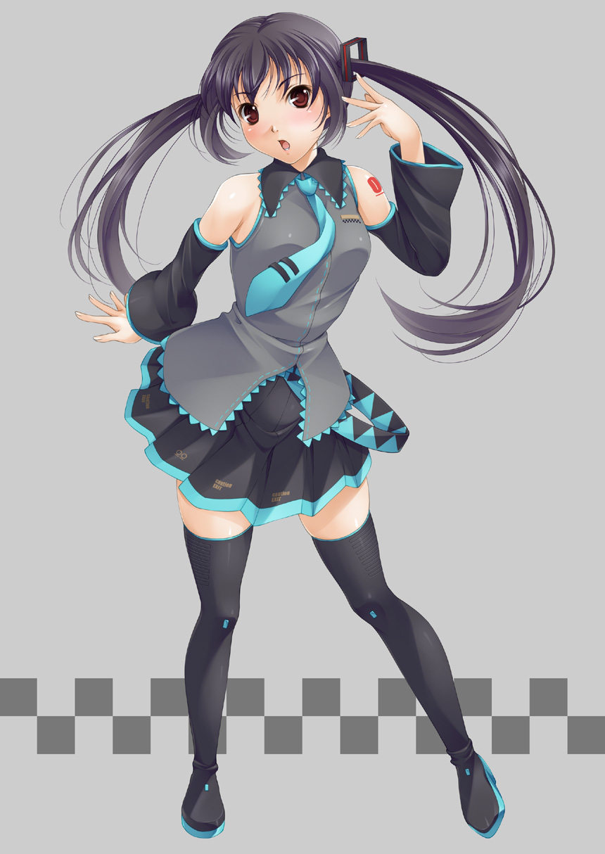 mukunokino isshiki, hatsune miku, nakano azusa, k-on!, vocaloid, highres, 1girl, bare shoulders, black hair, black thighhighs, blush, cosplay, detached sleeves, female focus, full body, hatsune miku (cosplay), legs, long hair, necktie, red eyes, simple background, solo, thighhighs, twintails, zettai ryouiki