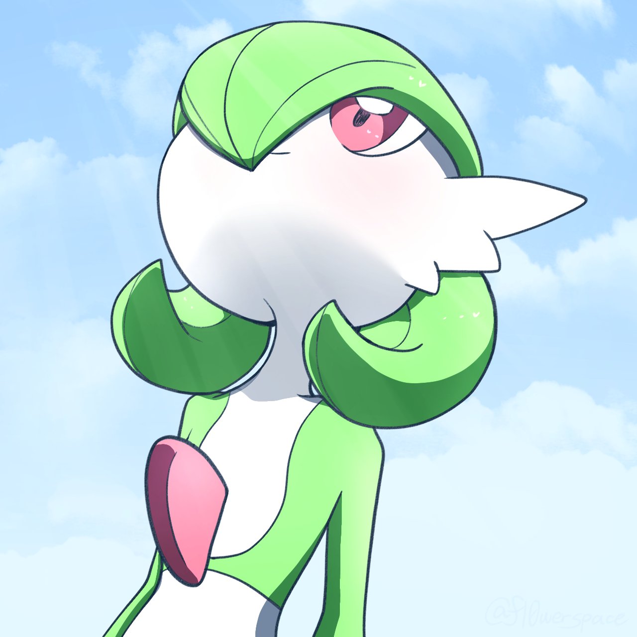 yuri (fl0werspace), gardevoir, nintendo, pokemon, 1girl, blue background, blue sky, bob cut, closed mouth, cloud, day, female focus, gen 3 pokemon, green hair, hair over one eye, happy, light rays, looking up, one eye covered, outdoors, pokemon (creature), red eyes, short hair, sky, smile, solo, standing, upper body, upward angle frieren drawing (meme)
