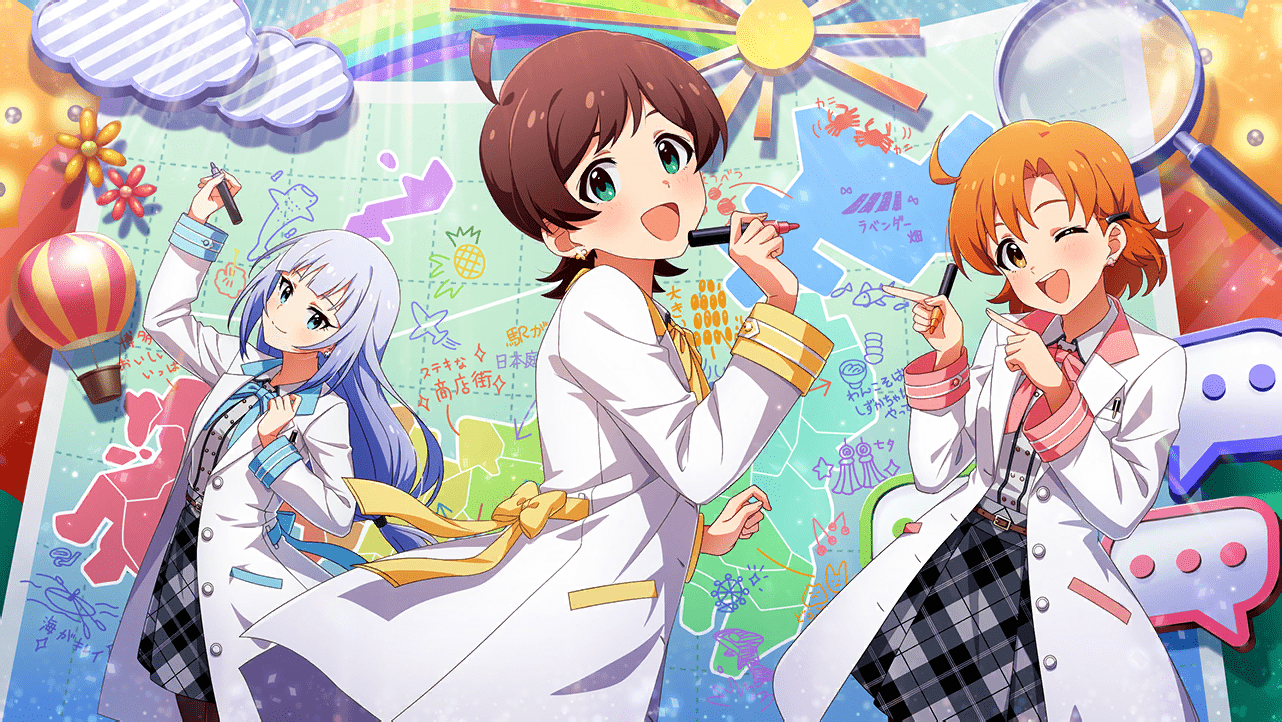 kinoshita hinata, shiraishi tsumugi, yabuki kana, idolmaster, idolmaster million live!, idolmaster million live! theater days, game cg, official art, aircraft, belt, blue eyes, boat, brown hair, buttons, cloud, coat, crab, drawing (object), earrings, green eyes, holding, hot air balloon, japanese text, jewelry, magnifying glass, map, marker, oar, one eye closed, open mouth, orange eyes, orange hair, orca, rainbow, skirt, sun, watercraft, white hair