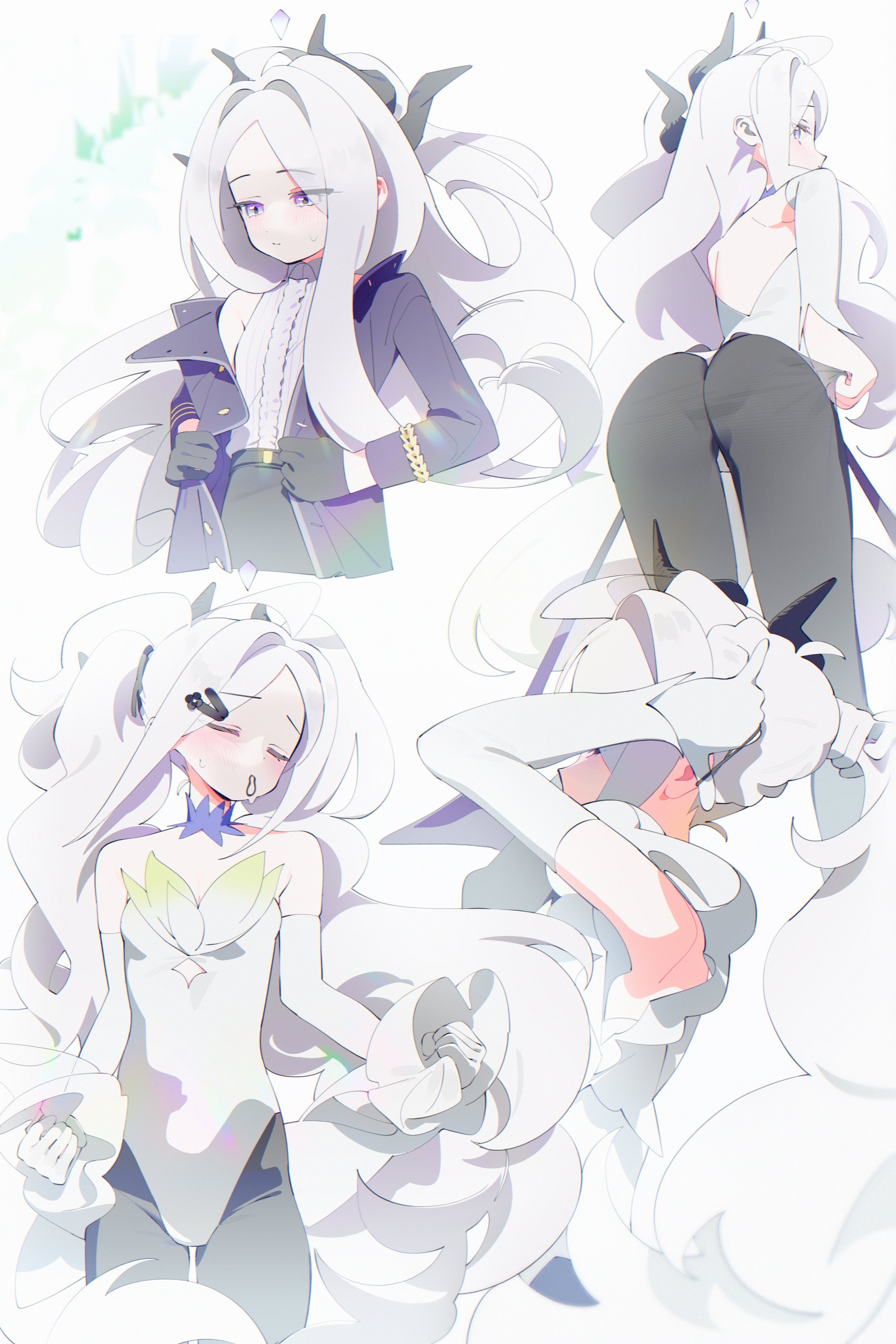 bm tol, hina (blue archive), blue archive, absurdres, commentary request, highres, 1girl, ahoge, ass, blush, breasts, demon girl, demon horns, demon wings, gloves, halo, horns, long hair, low wings, purple eyes, simple background, small breasts, standing, very long hair, white background, white gloves, white hair, wings