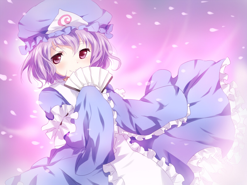 maruki (punchiki), saigyouji yuyuko, touhou, bad id, 1girl, blush, female focus, folding fan, hand fan, hat, pink eyes, pink hair, short hair, smile, solo