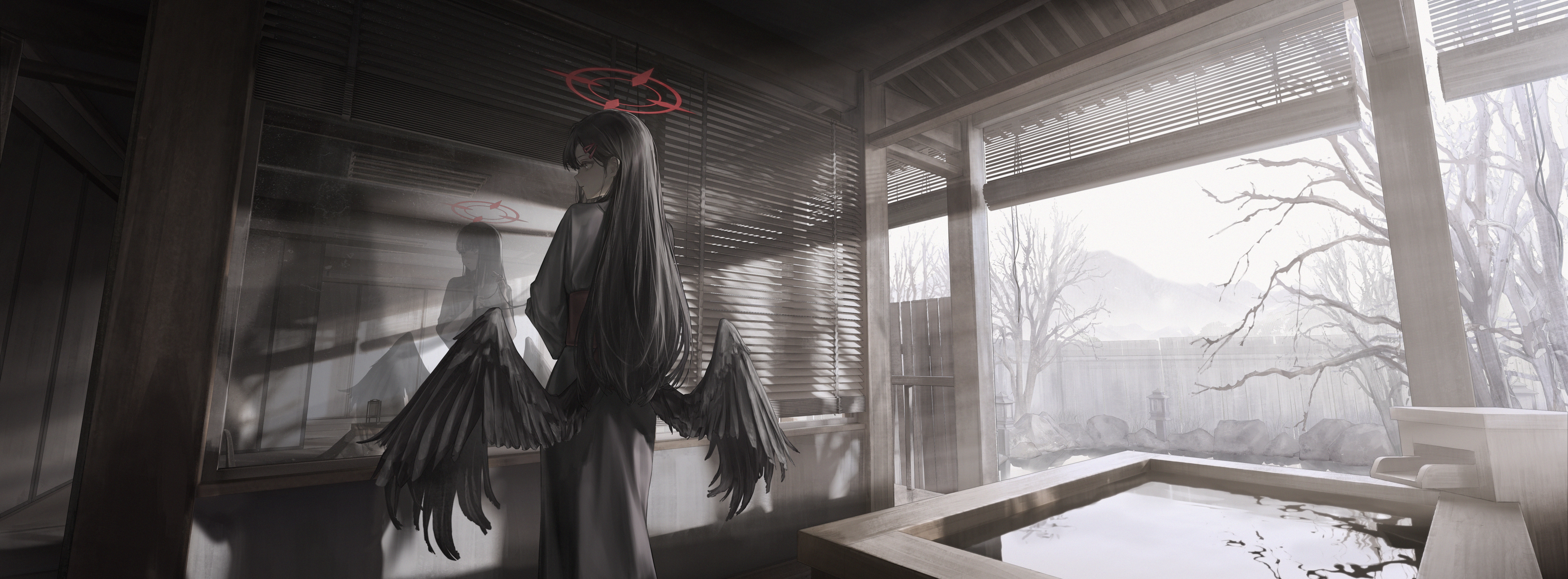 ichika (blue archive), blue archive, absurdres, highres, 1girl, 464celsius, black hair, black wings, feathered wings, fog, from behind, grey eyes, hair ornament, halo, japanese clothes, long hair, low wings, onsen, red halo, red sash, reflection, sash, scenery, school uniform, solo, unusually open eyes, wings