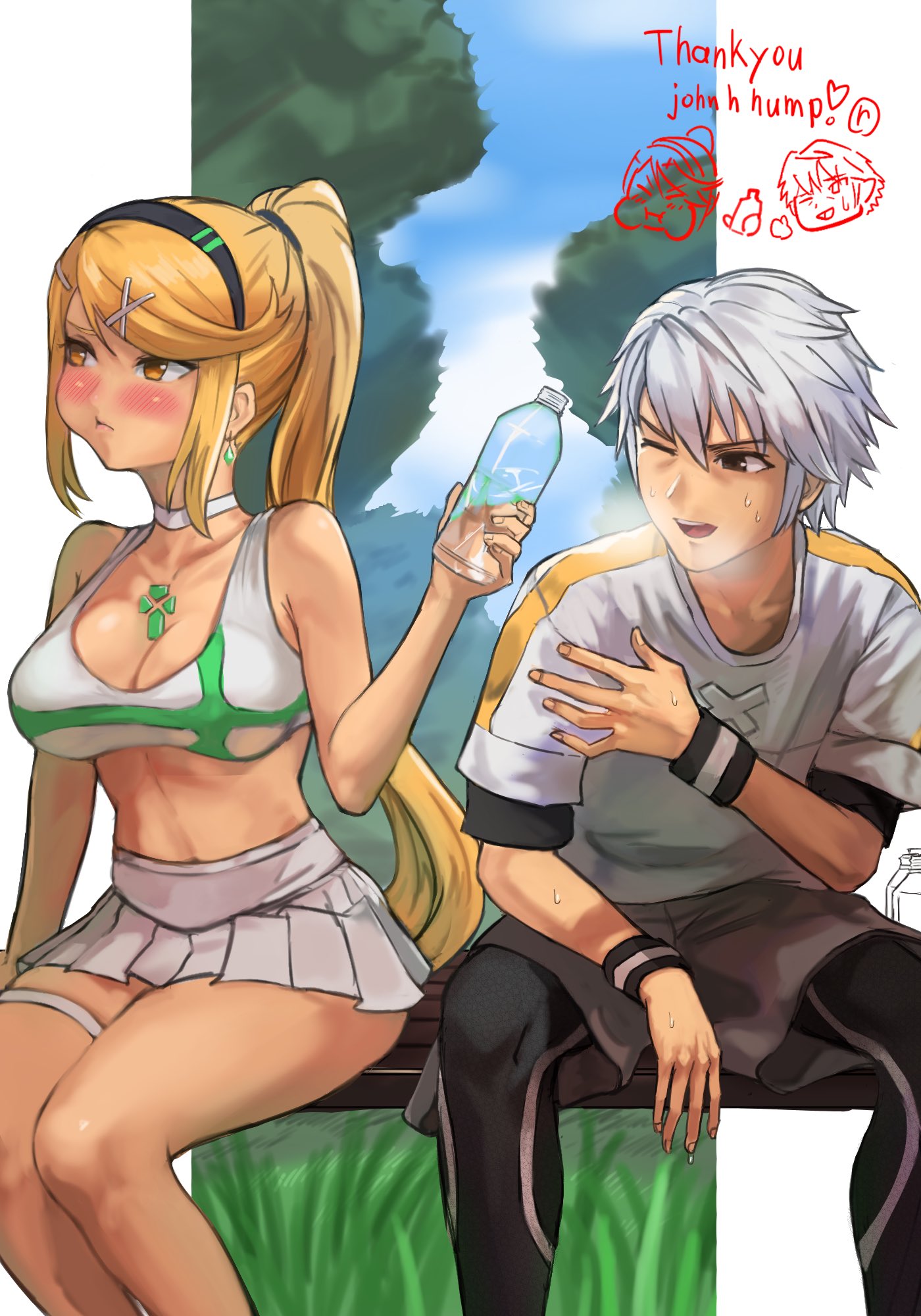 r123, mythra (xenoblade), xenoblade chronicles (series), xenoblade chronicles 2, character request, commentary request, highres, 1boy, 1girl, adapted costume, alternate hairstyle, black hair, black hairband, blonde hair, blush, bottle, breasts, chest jewel, cleavage, core crystal (xenoblade), earrings, hairband, holding, holding bottle, jewelry, large breasts, long hair, miniskirt, one eye closed, pleated skirt, ponytail, pout, shirt, short hair, sitting, skirt, sports bra, sweat, thank you, thigh strap, white hair, white shirt, white skirt, white sports bra, wristband, yellow eyes