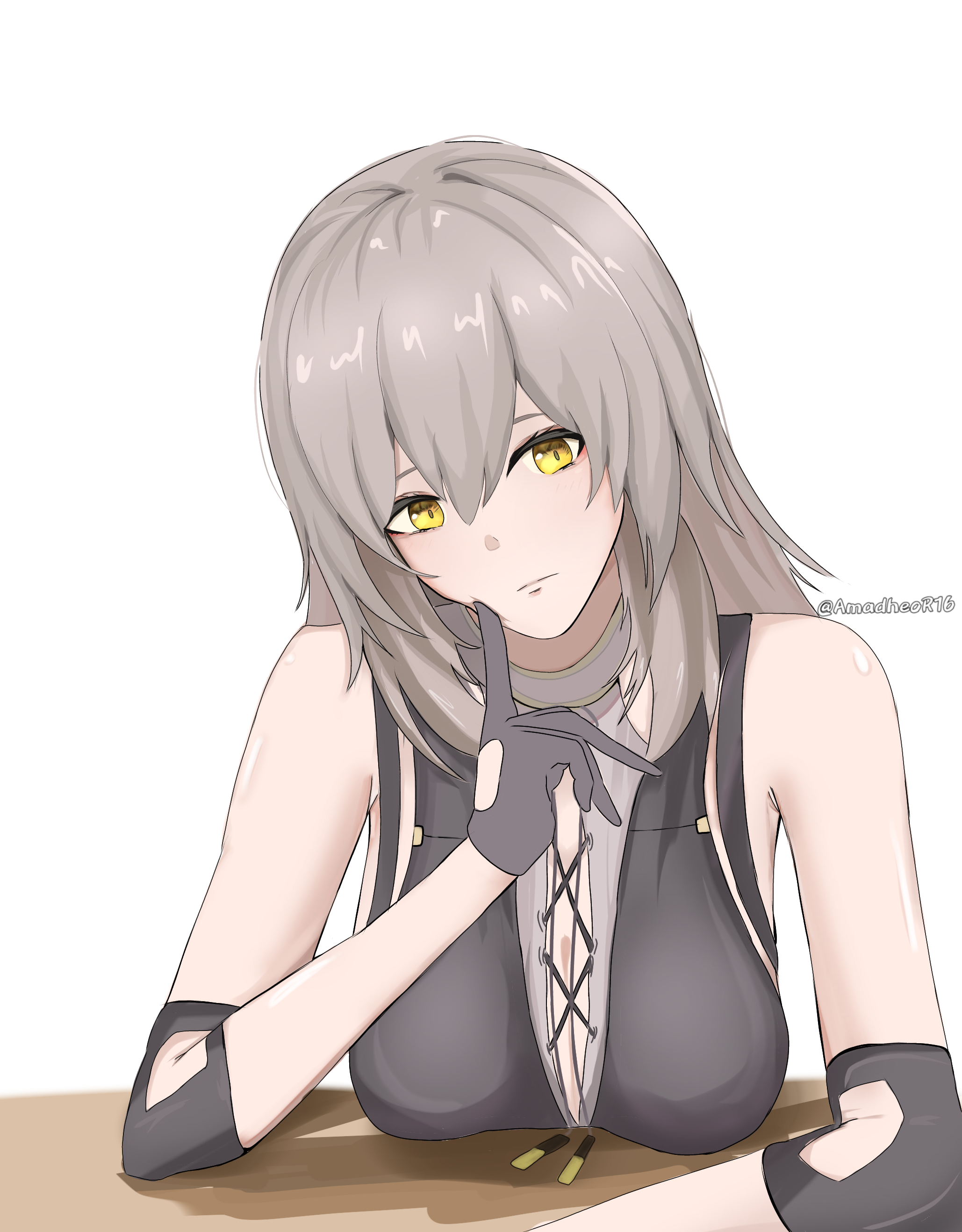 female rover (wuthering waves), rover (wuthering waves), stelle (honkai: star rail), trailblazer (honkai: star rail), honkai: star rail, honkai (series), wuthering waves, absurdres, highres, 1girl, amadheor, breasts, closed mouth, cosplay, elbow on table, female rover (wuthering waves) (cosplay), gloves, looking at viewer, open clothes, open shirt, upper body, watermark, yellow eyes