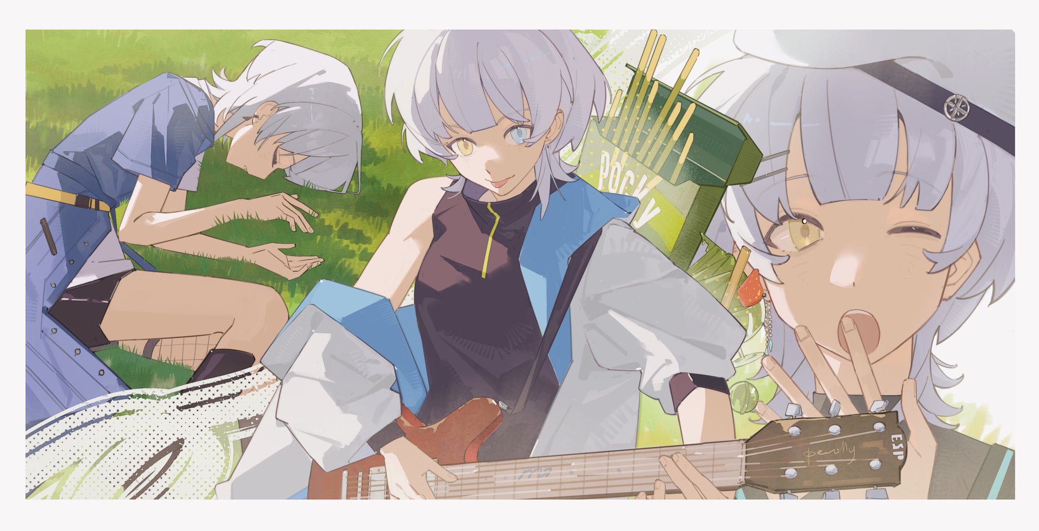 toumeiii, kaname raana, bang dream!, bang dream! it's mygo!!!!!, highres, 1girl, black shirt, black shorts, blue eyes, ear piercing, electric guitar, fishnet thighhighs, fishnets, food, grass, guitar, hair ornament, hairclip, hat, heterochromia, holding, holding guitar, holding instrument, instrument, jacket, lying, matcha (food), matcha parfait, multiple views, on side, open mouth, parallel hairclips, piercing, pocky, shirt, short hair, shorts, single thighhigh, sleeping, thighhighs, three-quarter sleeves, tongue, tongue out, white hair, white hat, white jacket, yawning, yellow eyes