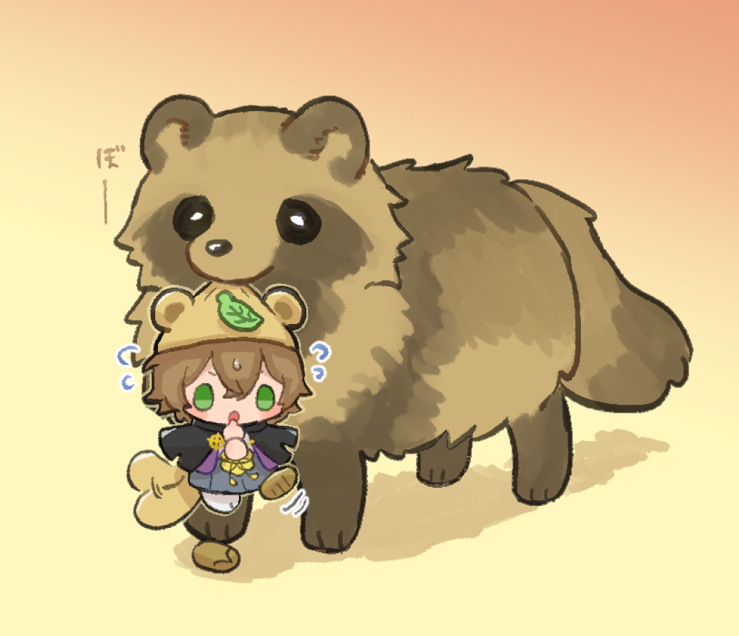 suke8364, yumeno gentaro, hypnosis mic, sanrio, commentary request, 1boy, :o, animal, black haori, blush stickers, brown hair, brown sandals, chibi, crossed bangs, flying sweatdrops, gradient background, green eyes, hair between eyes, haori, haori on shoulders, hat, hat with ears, japanese clothes, leaf, leaf on head, mini person, miniboy, motion lines, mouth hold, nervous, open mouth, orange background, outline, pokopon nikki, sandals, scruffing, shoe loss, short hair, single sandal, socks, tabi, tail, tail wagging, tanuki, v-shaped eyebrows, white socks, yellow outline, yumeno gentaro (sanrio nakayoku edit)