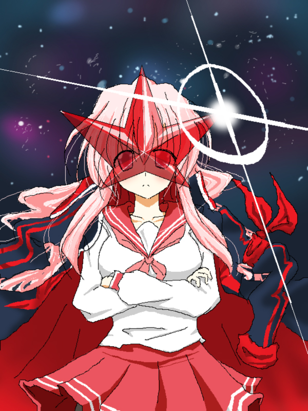 syokumu-taiman, take (shokumu-taiman), simon (ttgl), takara miyuki, lucky star, tengen toppa gurren lagann, top wo nerae!, top wo nerae! (series), bad id, bad pixiv id, 1girl, cape, cosplay, crossed arms, female focus, glasses, gunbuster pose, kamina shades, lens flare, long hair, parody, pink hair, school uniform, serafuku, simon (cosplay), simon shades, solo, star (symbol)