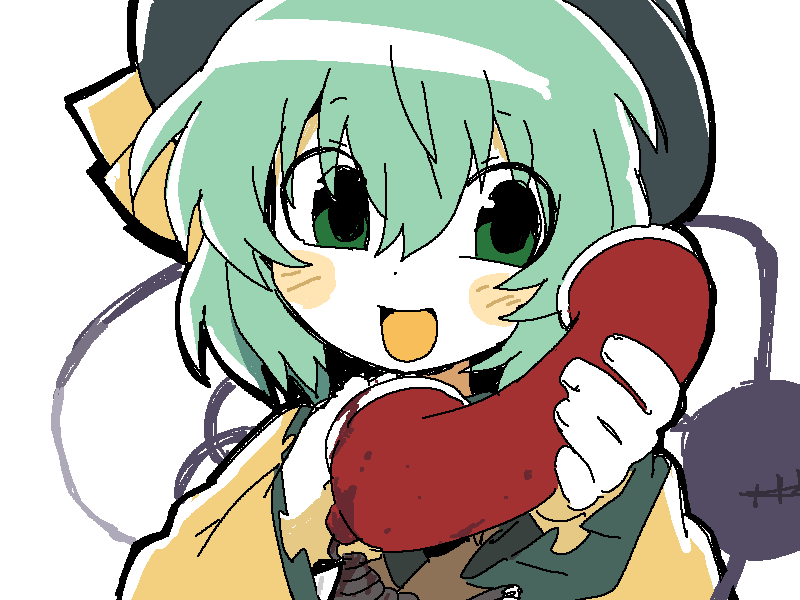 kokum0tsu, komeiji koishi, touhou, commentary, english commentary, 1girl, aqua hair, black hat, blush stickers, bow, buttons, corded phone, diamond button, dot nose, eyes visible through hair, frilled sleeves, frills, green eyes, hair between eyes, happy, hat, hat bow, holding, holding phone, long sleeves, looking at object, open mouth, phone, shirt, short hair, simple background, smile, solo, talking on phone, tareme, third eye, upper body, white background, wide sleeves, yellow bow, yellow shirt