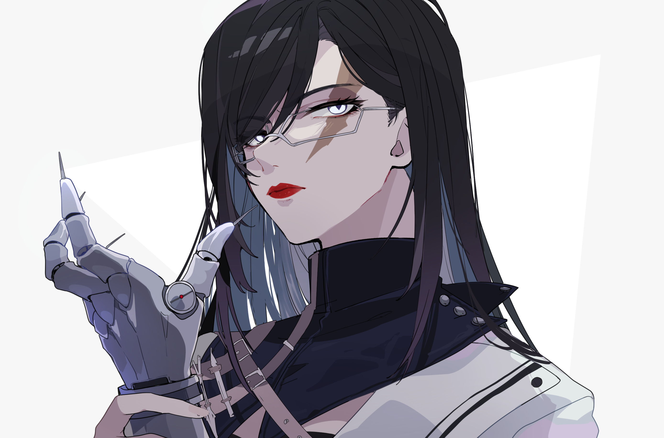 nekoma hikaru, iron (path to nowhere), path to nowhere, commentary request, highres, 1girl, black hair, eyelashes, glasses, grey eyes, lipstick, long hair, looking at viewer, makeup, mechanical arms, pale skin, simple background, single mechanical arm, solo, upper body