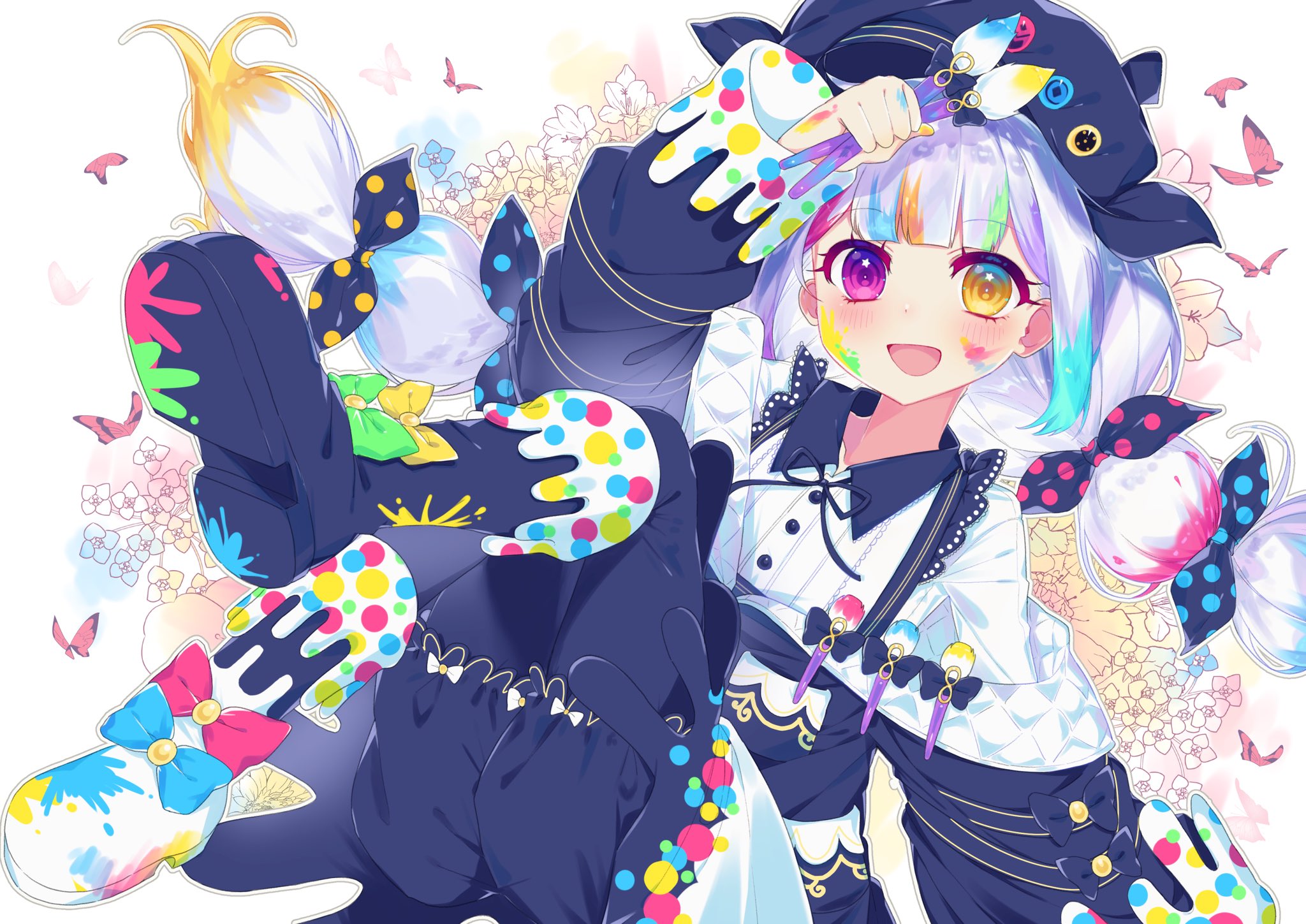 jogasaki noah, mahou shoujo no majo saiban, hashtag-only commentary, highres, 1girl, :d, artist painter, beret, black jacket, black shorts, boots, bow, bug, butterfly, collared shirt, hat, heterochromia, holding, holding paintbrush, insect, jacket, knees up, long hair, long sleeves, looking at viewer, lying, multi-tied hair, multicolored hair, neck ribbon, on back, open mouth, paint splatter, paintbrush, pink eyes, polka dot, polka dot bow, ribbon, shirt, shoe soles, shorts, smile, solo, streaked hair, sui is dead, white boots, white hair, white shirt, yellow eyes