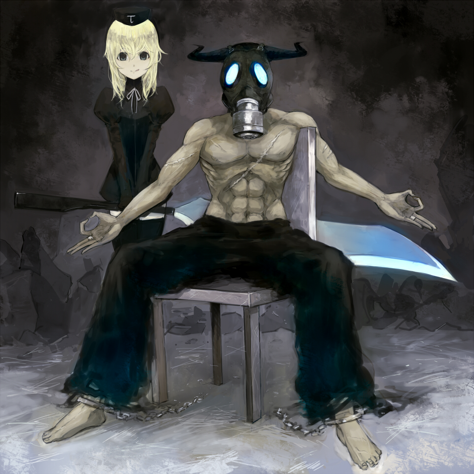 shrimpman, uniform, bad id, bad pixiv id, 1boy, 1girl, barefoot, black eyes, blonde hair, chain, gas mask, hat, horns, huge weapon, mask, meditation, ribbon, scar, sword, thighhighs, weapon