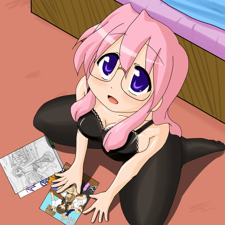 kanizawa kinu, uni~n, unyoon (koorin), takara miyuki, lucky star, 00s, 1girl, bed, bra, breasts, cleavage, female focus, glasses, lingerie, long hair, open mouth, pantyhose, pink hair, purple eyes, solo, thighs, underwear