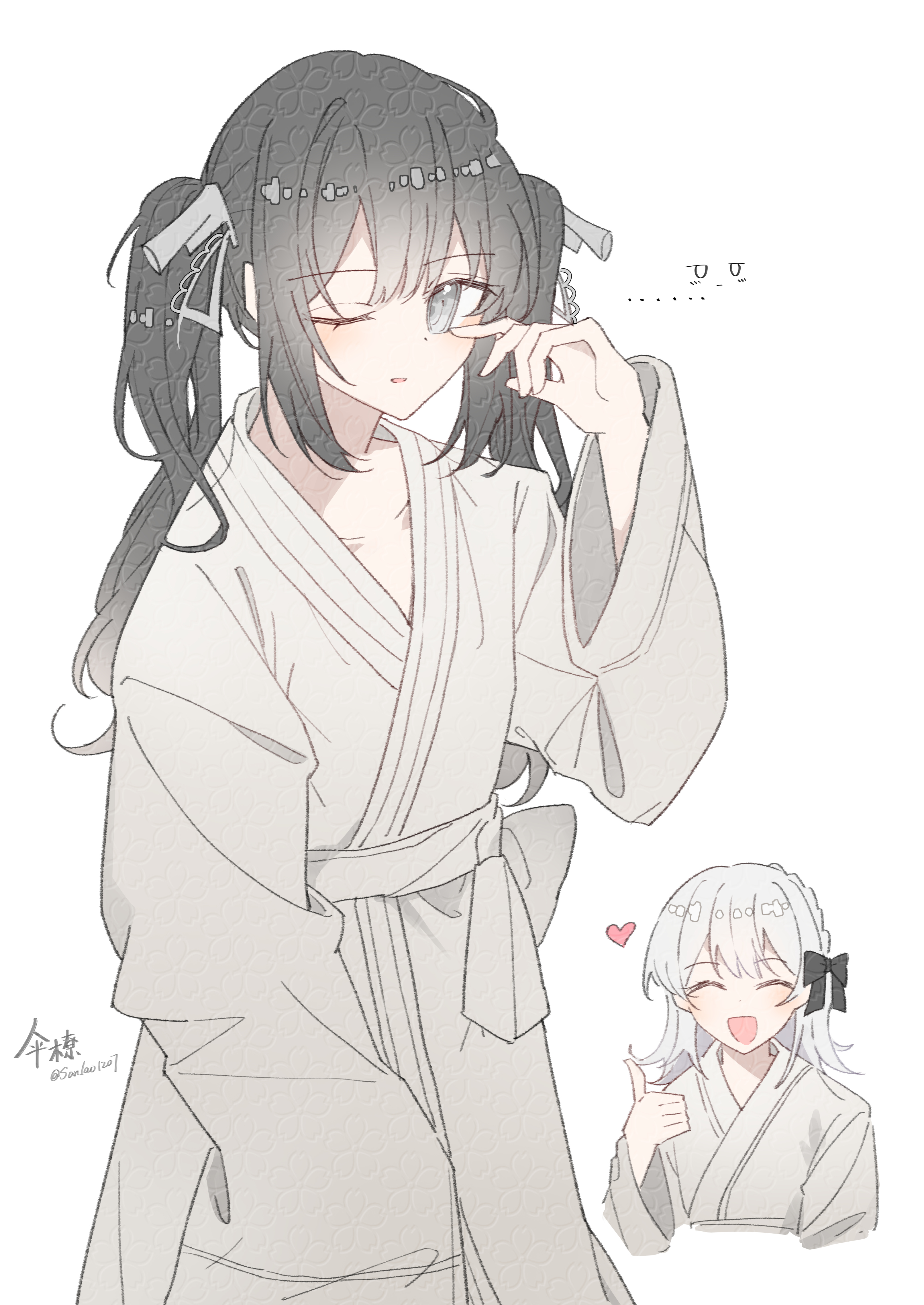 sanlao1207, kurobe nanoka, mahou shoujo no majo saiban, absurdres, highres, spoilers, 2girls, alternate costume, black hair, closed eyes, cowboy shot, cropped torso, dress, gown, grey eyes, grey hair, heart, kurobe nanoka's sister, long hair, long sleeves, looking at viewer, multiple girls, one eye closed, open mouth, rubbing eyes, siblings, sisters, sleepy, smile, solo focus, thumbs up, twintails, white background