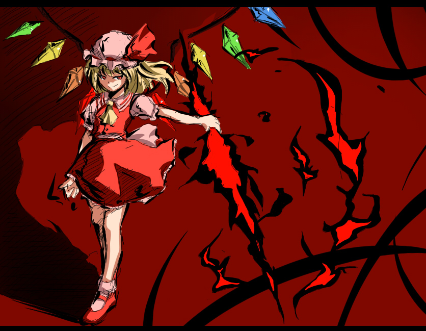 fechirin, flandre scarlet, touhou, 1girl, blonde hair, collared shirt, female focus, fire, full body, hat, mob cap, red background, red shoes, red theme, shirt, shoes, sketch, socks, solo, standing, white hat, wings