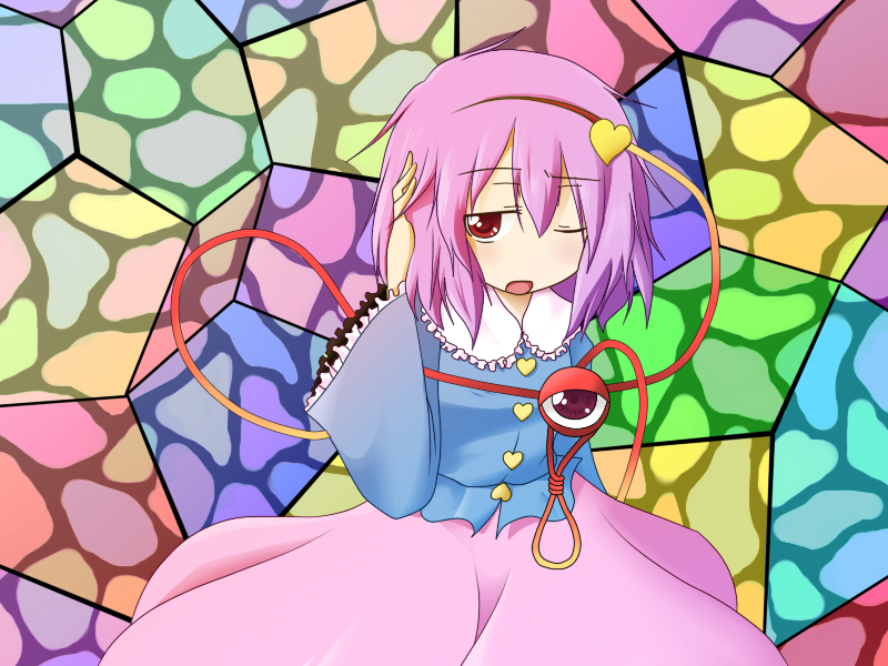 gokei, komeiji satori, touhou, 1girl, female focus, hairband, hand on own head, headache, heart, holding detached head, pink hair, red eyes, short hair, solo, stained glass