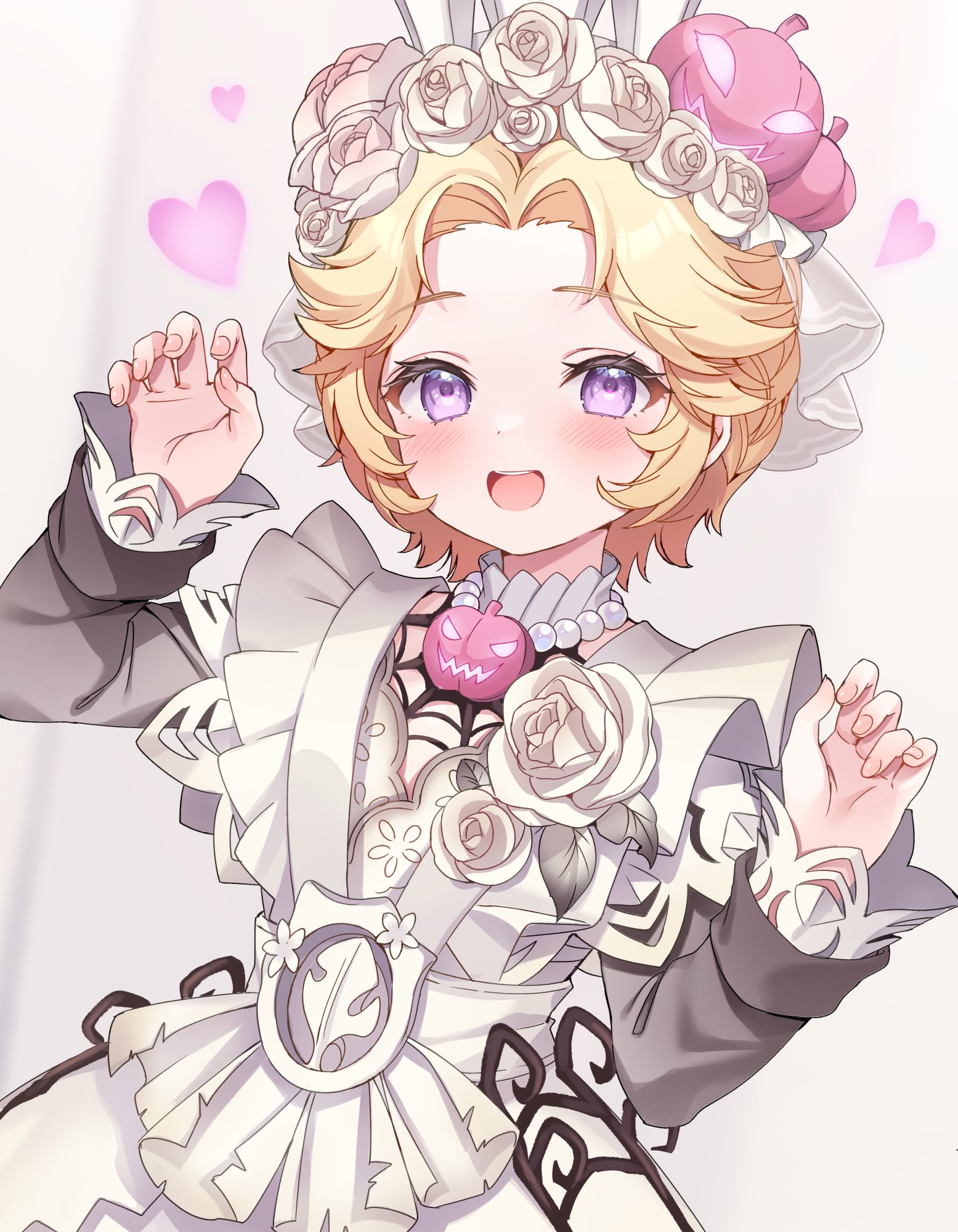 tracy reznik, tracy reznik (paper heart), identity v, commentary request, highres, 1girl, :d, blonde hair, claws, dress, dress flower, flower, head wreath, heart, jewelry, looking at viewer, necklace, official alternate costume, open mouth, pearl necklace, pendant, pomilkoic, pumpkin on head, pumpkin ornament, purple eyes, rose, short hair, smile, solo, upper body, white dress, white flower, white rose