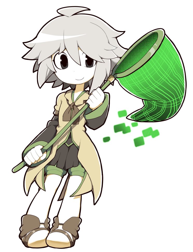 kokum0tsu, houlen yabusame, len'en, hashtag-only commentary, 1other, ahoge, androgynous, anklet, ascot, bare legs, barefoot sandals (jewelry), black eyes, black kimono, black shorts, brown ascot, brown coat, butterfly net, closed mouth, coat, coattails, collared coat, dot nose, full body, glitch, grey hair, hair between eyes, hand net, happy, holding net, japanese clothes, jewelry, jinbei (clothes), kimono, lapels, layered sleeves, long sleeves, looking at viewer, messy hair, notched lapels, other focus, puffy short sleeves, puffy sleeves, short hair with long locks, short kimono, short over long sleeves, short sleeves, shorts, sidelocks, simple background, smile, solo, standing, tareme, white background