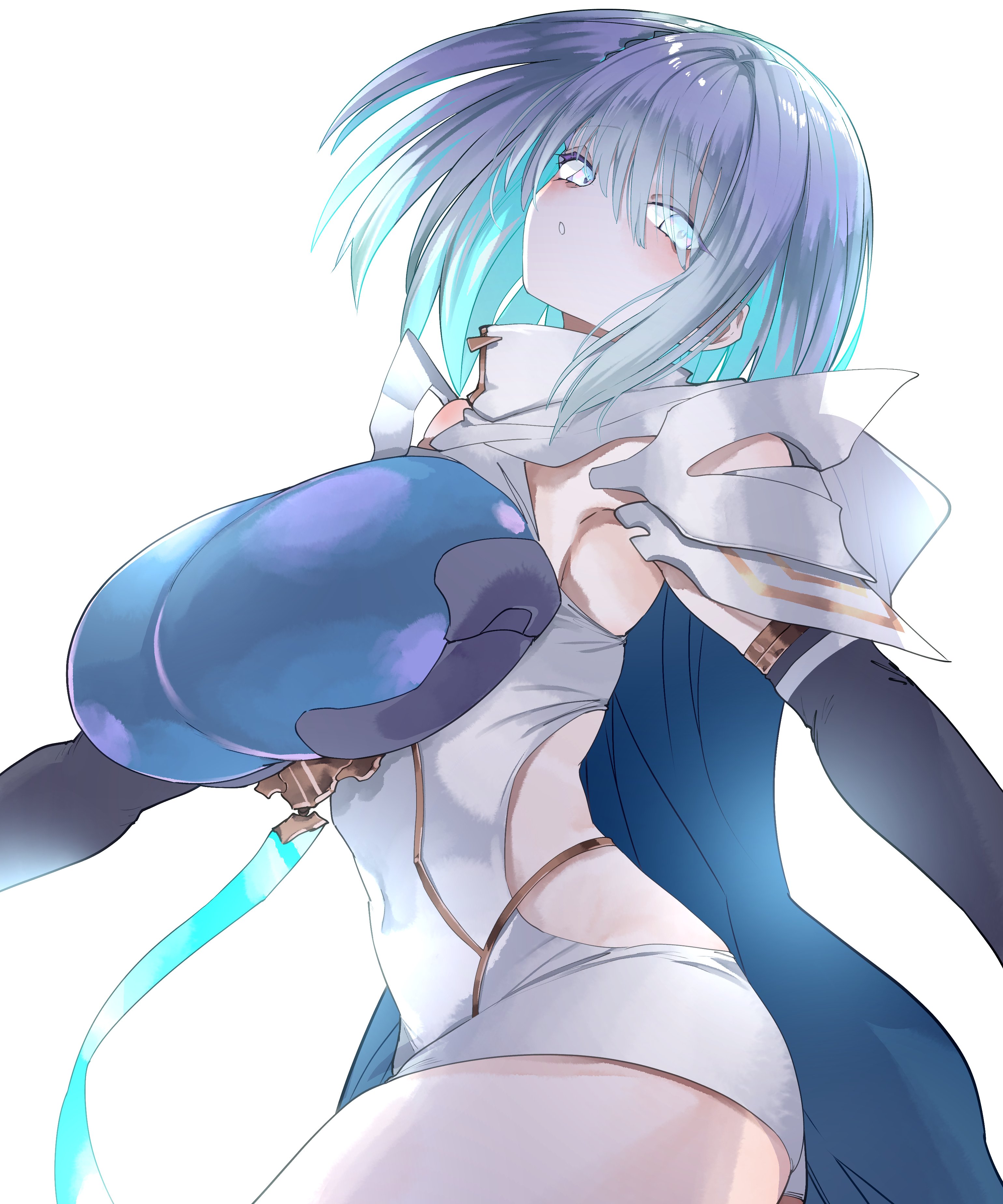 shigurio, dreizehn (shadowverse), shadowverse, shadowverse: worlds beyond, absurdres, commentary request, highres, 1girl, aqua cape, aqua pupils, armor, blue cape, blue eyes, blue hair, breasts, cape, clothing cutout, collared leotard, detached sleeves, gloves, hair between eyes, hood, hooded cape, large breasts, medium hair, short hair, shoulder armor, side cutout, simple background, solo, thighs, two-sided cape, two-sided fabric, white unitard