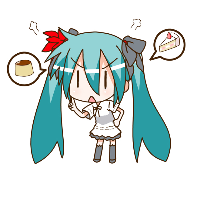 minami (colorful palette), chibi miku, hatsune miku, vocaloid, world is mine (vocaloid), 1girl, aqua hair, cake, chibi, dress, female focus, food, hair ribbon, long hair, pastry, pudding, ribbon, solo, thighhighs, twintails, very long hair, | |