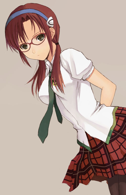 seiru (prairie), makinami mari illustrious, evangelion: 2.0 you can (not) advance, neon genesis evangelion, rebuild of evangelion, 00s, 1girl, breasts, female focus, glasses, hairband, necktie, pantyhose, plaid clothes, plaid skirt, school uniform, simple background, skirt, solo