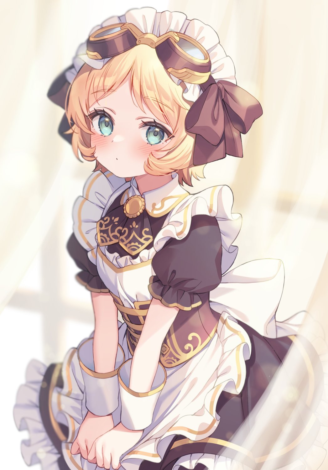 tracy reznik, identity v, commentary request, highres, 1girl, :o, alternate costume, apron, aqua eyes, ascot, back bow, black ascot, black bow, black corset, black dress, blonde hair, blush, bow, corset, cowboy shot, dress, gem, goggles, goggles on head, gold trim, hair bow, looking at viewer, maid, maid apron, maid headdress, own hands together, pomilkoic, solo, unconventional maid, wrist cuffs, yellow gemstone