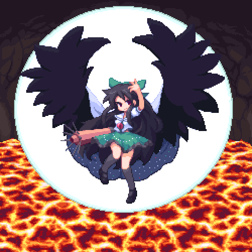 kou 2008, reiuji utsuho, touhou, bad id, bad pixiv id, lowres, 1girl, black hair, bow, cape, cave, female focus, kneehighs, lava, long hair, pixel art, red eyes, skirt, socks, solo, wings