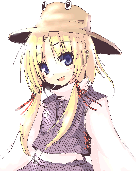 hiraga matsuri, hirasato, moriya suwako, touhou, 1girl, blonde hair, blue eyes, female focus, hair tie, hat, oekaki, simple background, sketch, skirt, smile, solo, white background