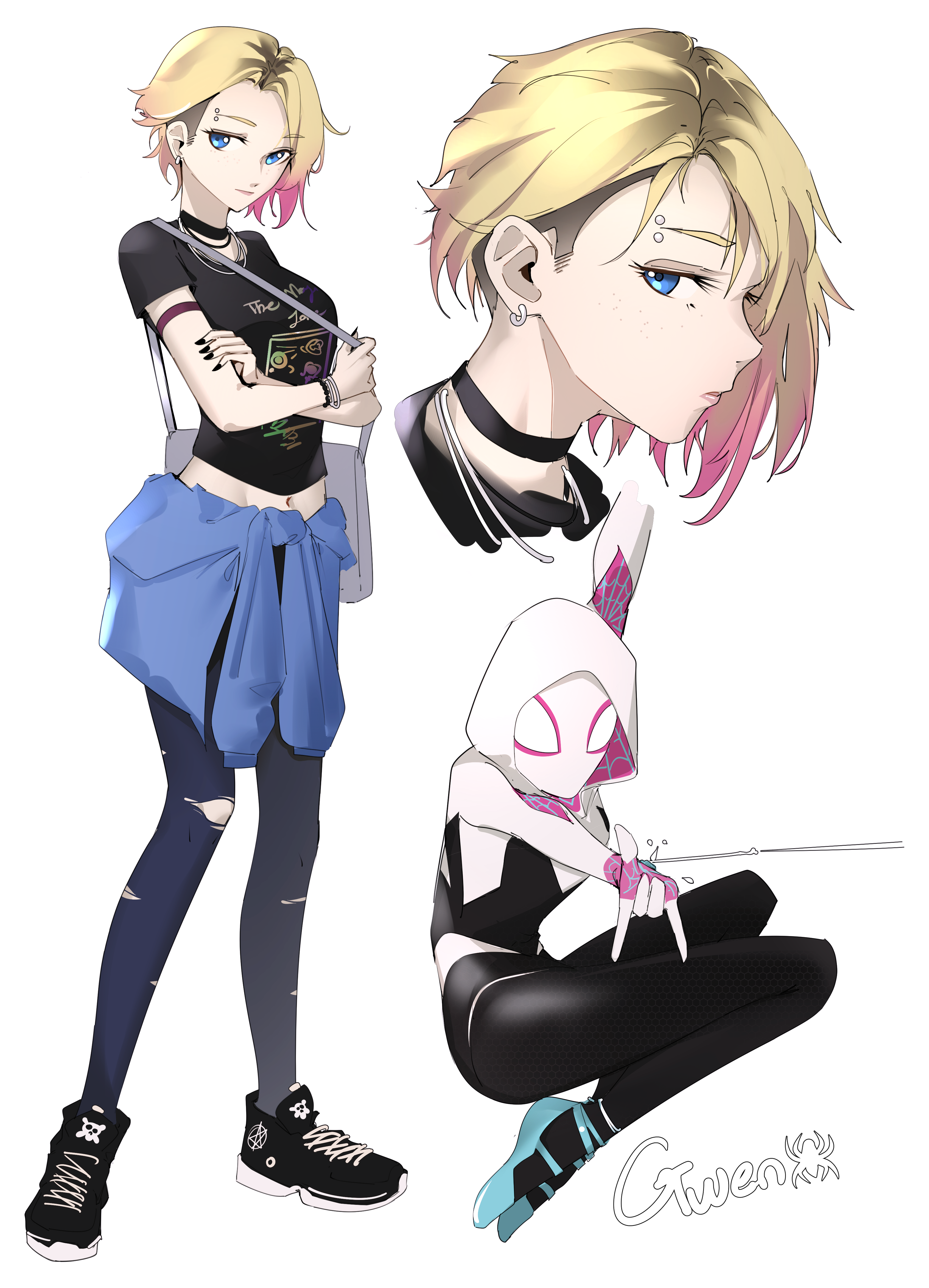 khrnnfz, gwen stacy, spider-gwen, marvel, spider-man: into the spider-verse, spider-man (series), spider-verse, absurdres, commentary, highres, aqua shoes, asymmetrical hair, bag, black choker, black nails, black shirt, black shoes, blonde hair, blue eyes, blue pantyhose, breasts, character name, choker, closed mouth, clothes around waist, colored tips, crossed arms, eyebrow piercing, eyelashes, face piercing, fingernails, freckles, grey bag, handbag, hood, hood up, multicolored hair, multiple views, nail polish, pantyhose, piercing, pink hair, shirt, shoes, short sleeves, simple background, superhero costume, t-shirt, torn clothes, torn pantyhose, undercut, white background