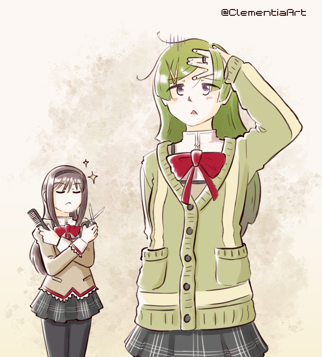 akemi homura, aki mabayu, mahou shoujo madoka magica, highres, 2girls, black hair, black hairband, black skirt, black thighhighs, bow, buttons, clementiaart, comb, dress, dress bow, feet out of frame, green hair, green sweater, grey background, grey dress, hairband, hand in own hair, hand up, high collar, holding, holding comb, holding scissors, jewelry, long hair, long sleeves, mitakihara school uniform, multiple girls, pocket, red bow, ring, school uniform, scissors, sidelocks, skirt, sparkle, standing, sweater, thighhighs