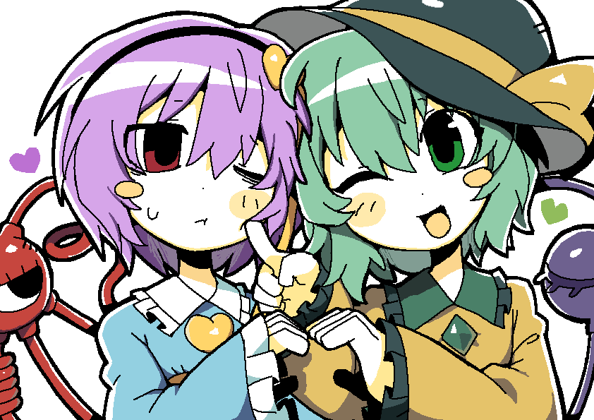 kokum0tsu, komeiji koishi, komeiji satori, touhou, hashtag-only commentary, 2girls, ;t, annoyed, aqua hair, black hairband, black hat, blue shirt, blush stickers, bow, buttons, cheek poking, closed mouth, collared shirt, diamond button, dot nose, empty eyes, eyes visible through hair, frilled shirt collar, frilled sleeves, frills, frown, green eyes, hair between eyes, hair ornament, hairband, happy, hat, hat bow, heads together, heart, heart button, heart hair ornament, heart hands, heart hands duo, jitome, long sleeves, looking at another, messy hair, multiple girls, one eye closed, open mouth, pink hair, poking, red eyes, shirt, short hair, siblings, simple background, sisters, sleeves past wrists, smile, sweatdrop, tareme, third eye, upper body, white background, wide sleeves, yellow bow, yellow shirt