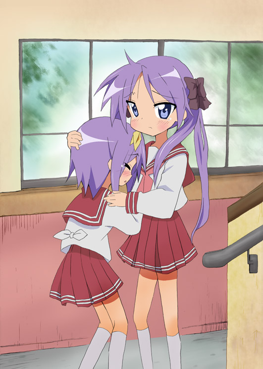 agenasu, hiiragi kagami, hiiragi tsukasa, lucky star, 00s, blue eyes, closed eyes, comforting, hug, long hair, purple hair, school uniform, serafuku, short hair, siblings, sisters, tears, tsurime, twins, twintails