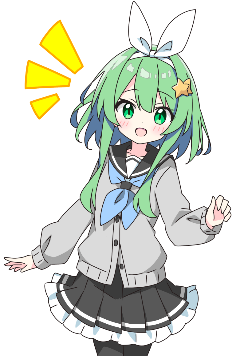 kotatsu-mazoku, original, commentary request, 1girl, :d, black sailor collar, black skirt, blue neckerchief, blush, bow hairband, buttons, cardigan, cowboy shot, dot nose, frilled skirt, frills, green eyes, green hair, grey cardigan, hair ornament, hairband, long sleeves, looking at viewer, neckerchief, notice lines, open mouth, pleated skirt, sailor collar, school uniform, serafuku, short hair, simple background, skirt, smile, solo, star (symbol), star hair ornament, white background, white hairband, winter uniform