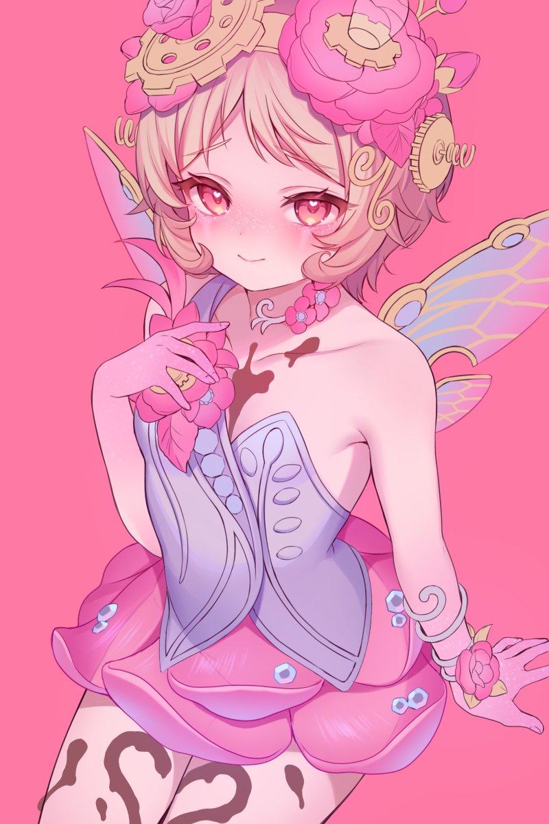 tracy reznik, tracy reznik (everlasting flower), identity v, commentary request, highres, 1girl, blonde hair, blush, body markings, c:, colored extremities, dress, fairy wings, flower, flower skirt, freckles, glitter, goggles, goggles on head, looking at viewer, official alternate costume, pink background, pink eyes, pink flower, pink theme, pomilkoic, raised inner eyebrows, short hair, smile, solo, wings