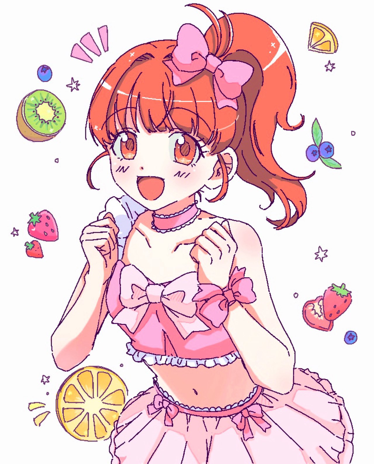 ku (kuooss), harune aira, pretty rhythm, pretty rhythm aurora dream, pretty series, highres, 1girl, :d, bare shoulders, blueberry, bow, choker, clenched hands, food, fruit, hair bow, hands up, kiwi (fruit), lemon, lemon slice, long hair, looking at viewer, navel, notice lines, open mouth, orange hair, pink choker, pink shirt, pink skirt, red eyes, red hair, shirt, side ponytail, simple background, skirt, smile, solo, standing, strawberry, white background