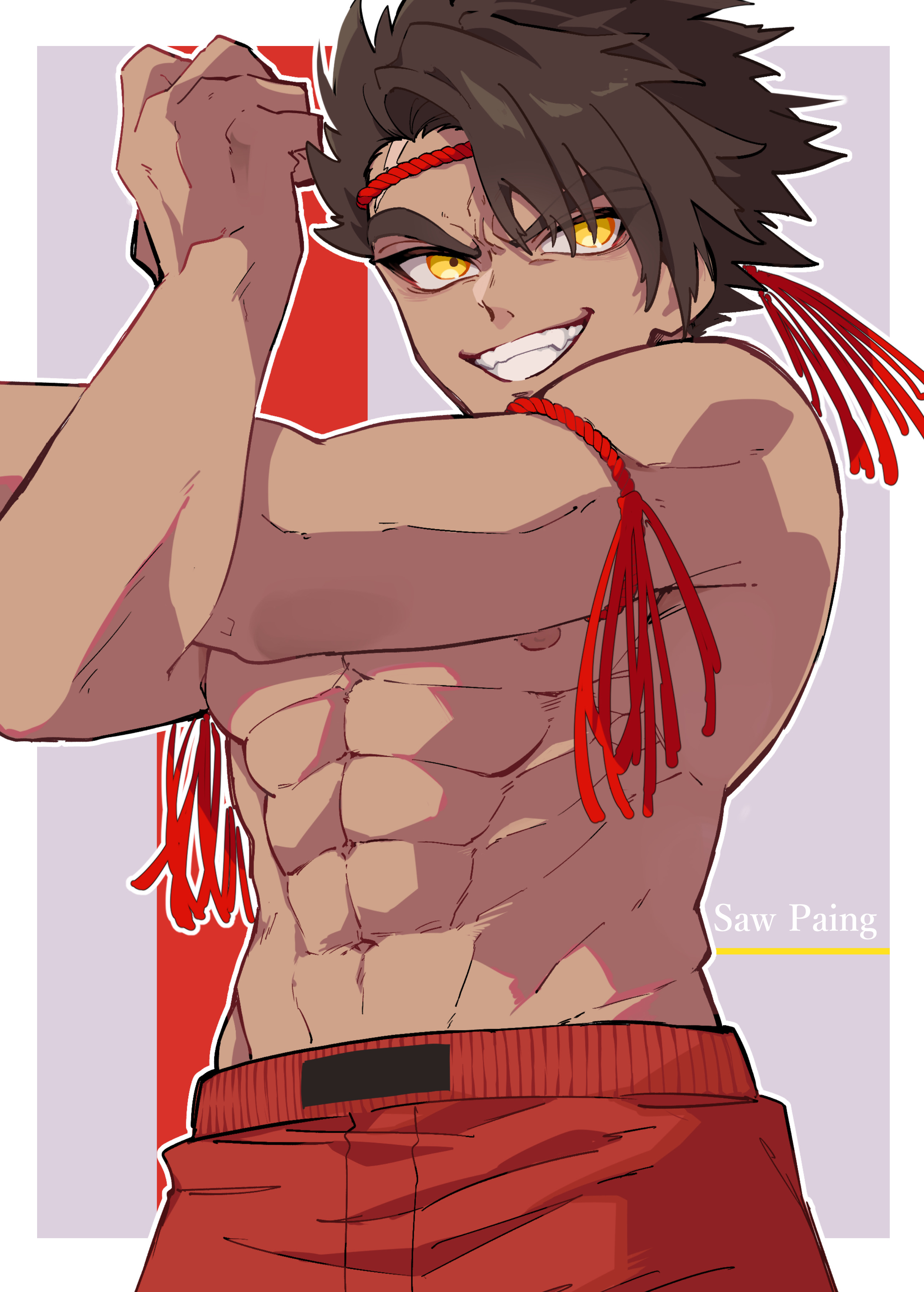 nekoma hikaru, kengan (series), kengan ashura, absurdres, commentary request, highres, 1boy, abs, border, character name, flexing, grin, headband, looking at viewer, male focus, muscular, muscular male, nipples, pants, red headband, red pants, saw paing yoroizuka, short hair, smile, solo, topless male, v-shaped eyebrows, white border, yellow eyes