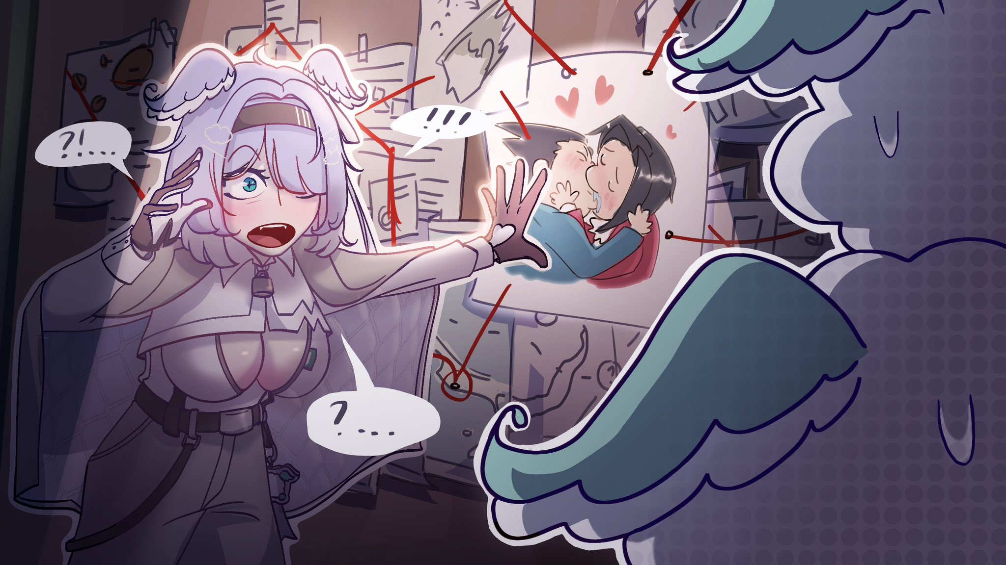 elira pendora, elira pendora (4th costume), famelira (elira pendora), miles edgeworth, phoenix wright, ace attorney, nijisanji, nijisanji en, phoenix wright: ace attorney, phoenix wright: ace attorney – trials and tribulations, commentary, english commentary, highres, !?, 1girl, 2boys, ?, aqua eyes, black hairband, blue hair, blush, breasts, cape, cleavage, cleavage cutout, clothing cutout, comedic sweatdrop, damdidooo, evidence board, evidence markers, fangs, fujoshi, gloves, hair over one eye, hairband, head wings, heart, meme, multiple boys, open mouth, pepe silvia (meme), shipping (fandom), speech bubble, spoken question mark, virtual youtuber, wings, yaoi, yoshi and toad kissing (meme)