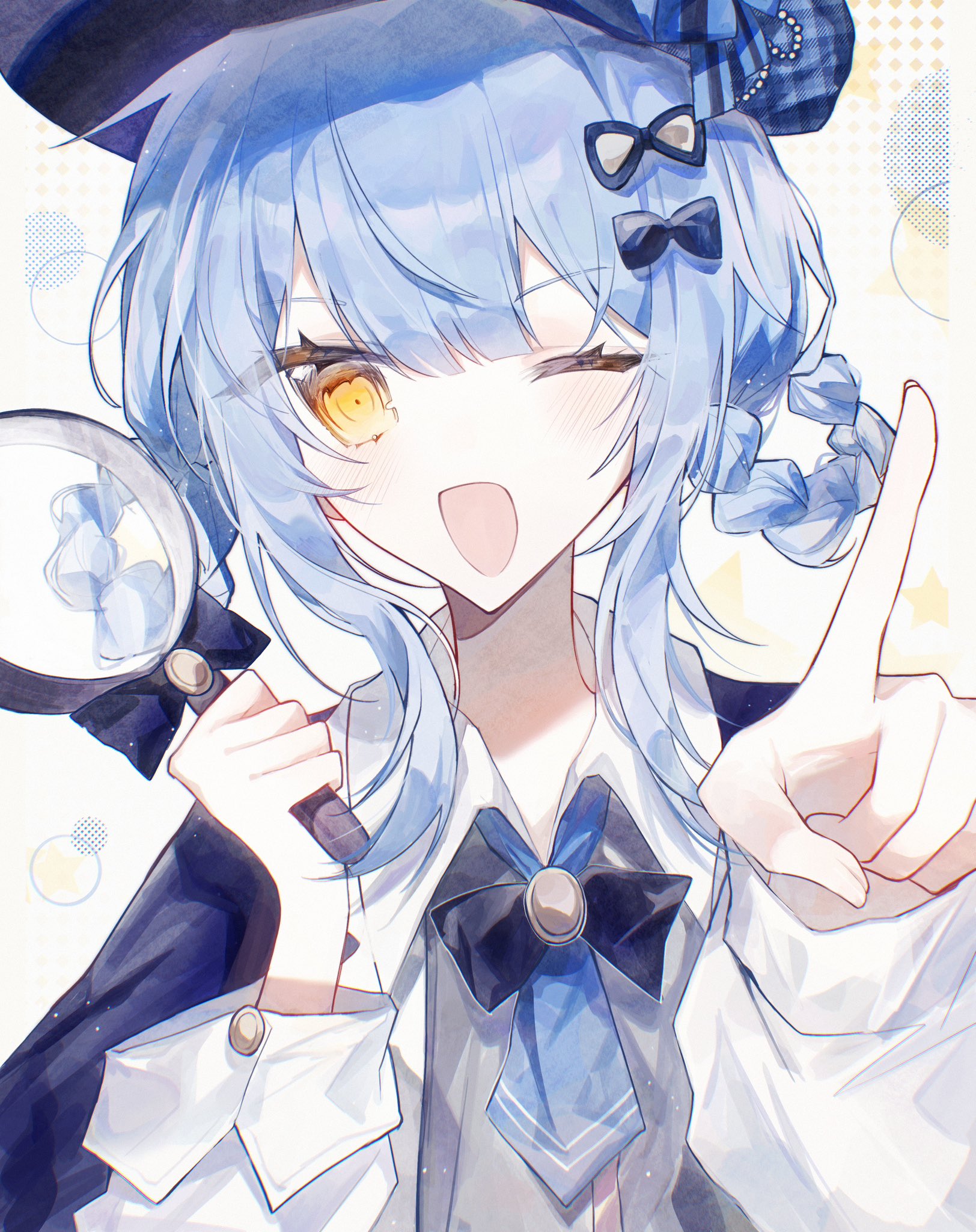 shiruru531, tachibana sherry, mahou shoujo no majo saiban, hashtag-only commentary, highres, 1girl, ;d, black hat, blue hair, blunt bangs, bow, braid, braided hair rings, deerstalker, detective, hair bow, hair rings, hands up, hat, holding, holding magnifying glass, long sleeves, looking at viewer, magnifying glass, one eye closed, open mouth, pointing, pointing at viewer, short hair, smile, solo, upper body, white background, yellow eyes