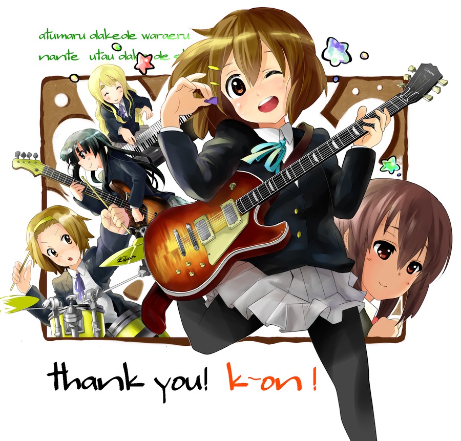 kani miso, akiyama mio, hirasawa yui, kotobuki tsumugi, nakano azusa, tainaka ritsu, k-on!, eyebrows, 00s, 5girls, band (music), bass guitar, black eyes, black hair, blonde hair, blunt bangs, brown eyes, brown hair, closed eyes, drum, drum set, electric guitar, everyone, gibson les paul, guitar, hairband, hime cut, ho-kago tea time, instrument, keyboard, keyboard (instrument), long hair, multiple girls, one eye closed, open mouth, pantyhose, plectrum, romaji text, round teeth, school uniform, short hair, skirt, smile, synthesizer, teeth, twintails, wink