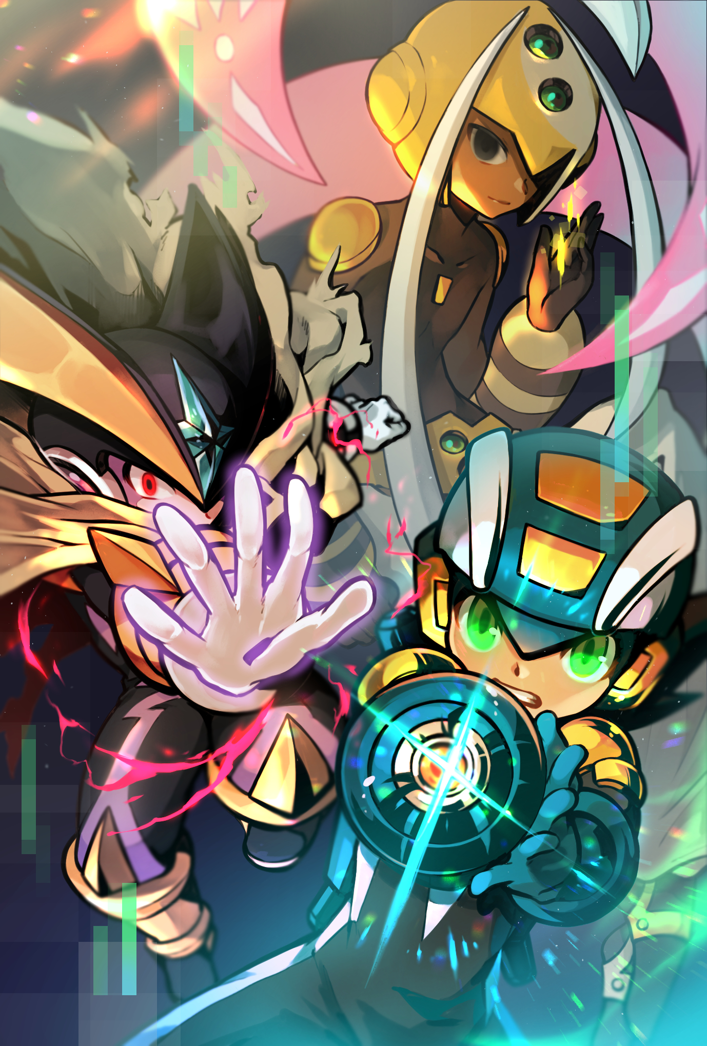 pechka, bass.exe (mega man), megaman.exe, serenade (mega man), mega man (series), mega man battle network (series), commentary request, highres, 1other, 2boys, arm cannon, black helmet, blue helmet, collarbone, dark skin, firing, gloves, green eyes, helmet, multiple boys, open mouth, outstretched arm, red eyes, weapon, white gloves, yellow helmet