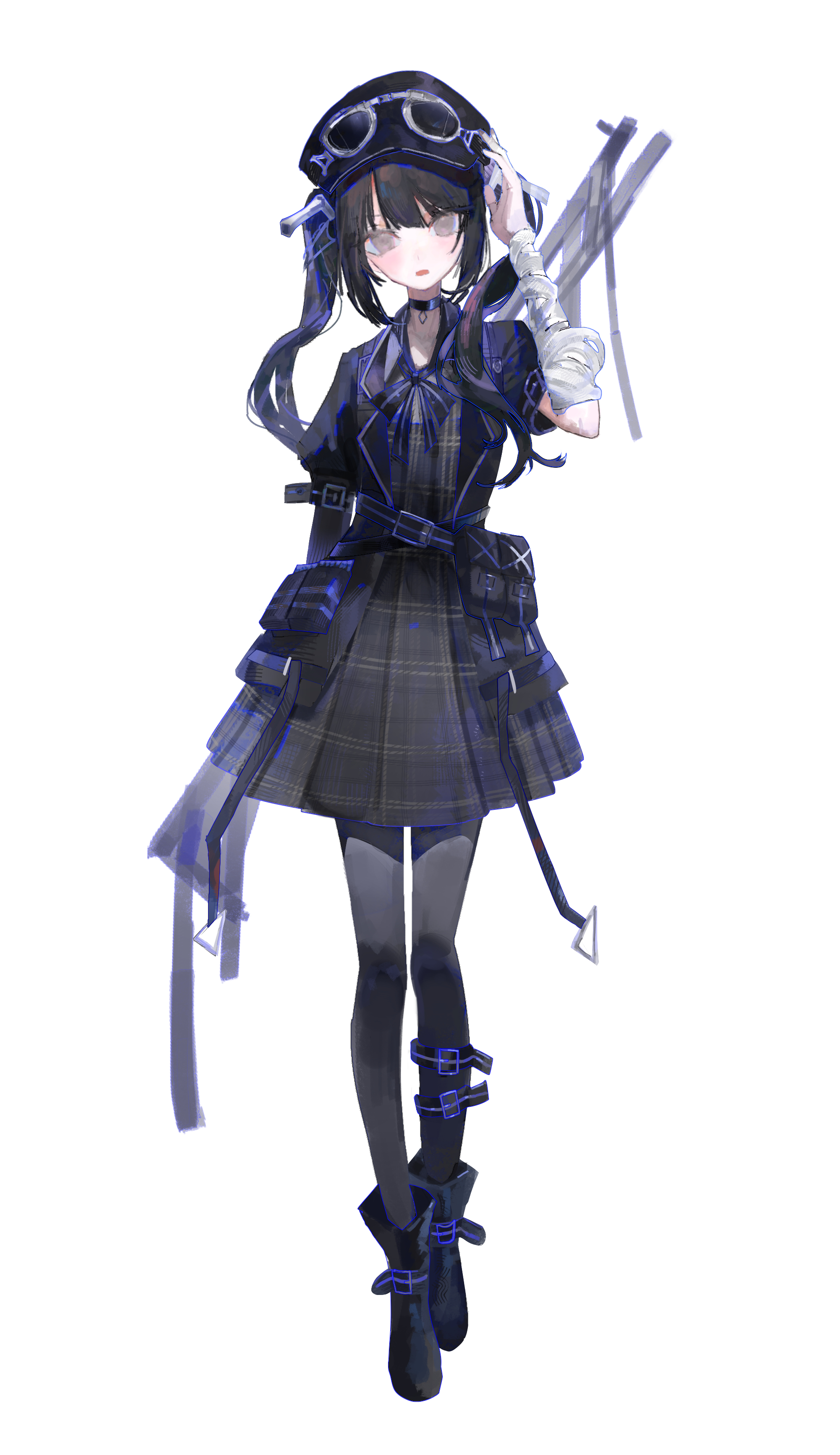 iinagi (kashiwa keira), kurobe nanoka, mahou shoujo no majo saiban, absurdres, commentary request, highres, 1girl, ammunition pouch, bandaged arm, bandages, black boots, black choker, black dress, black hair, black hat, black jacket, black pantyhose, black ribbon, boots, choker, dress, full body, goggles, goggles on headwear, grey dress, grey eyes, gun, hat, jacket, long hair, looking at viewer, neck ribbon, open mouth, pantyhose, plaid clothes, plaid dress, pouch, ribbon, rifle, simple background, solo, standing, twintails, weapon, weapon on back, white background