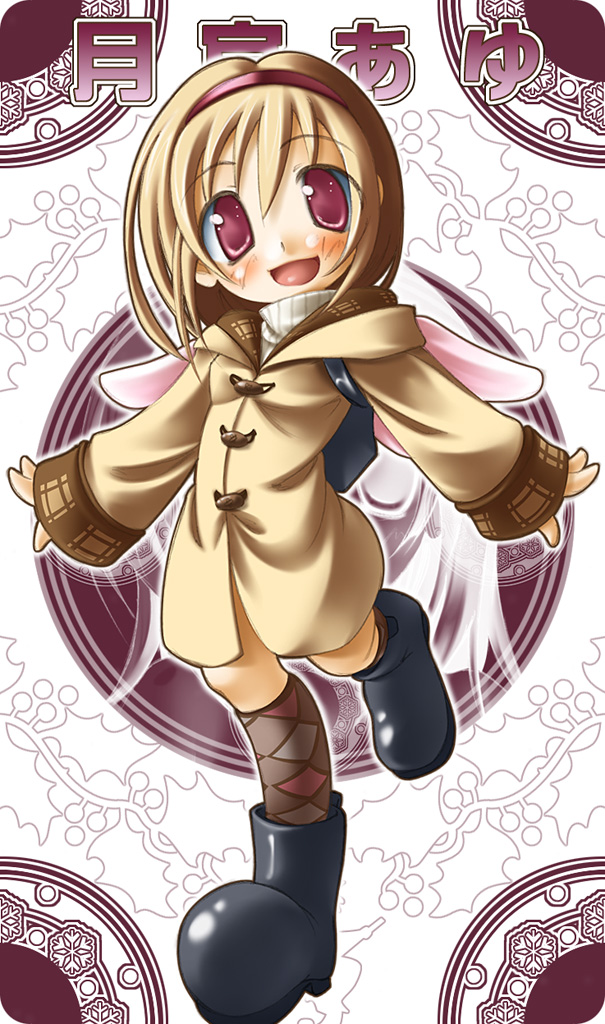 yamada yuuki (cmc strayfield), tsukimiya ayu, kanon, bad id, bad pixiv id, 1girl, backpack, bag, brown hair, coat, female focus, mittens, randoseru, red eyes, short hair, solo, thighhighs, winged bag, wings