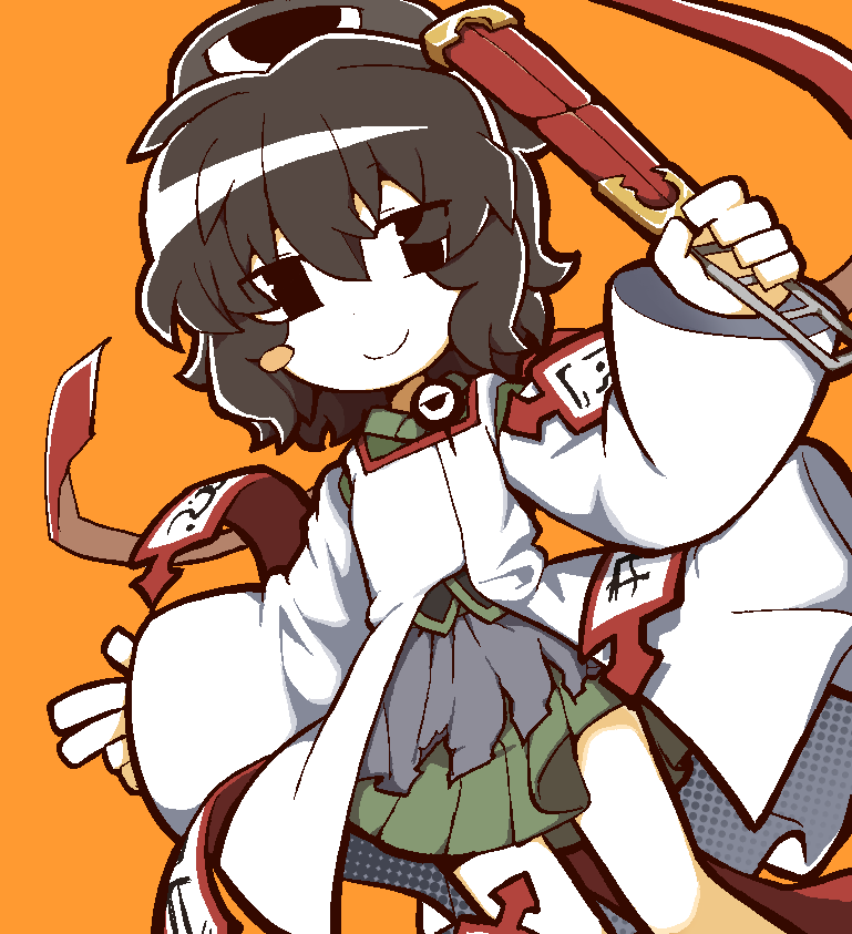 kokum0tsu, senri tsurubami, len'en, hashtag-only commentary, 1other, androgynous, bare legs, black eyes, black hair, black hat, black kimono, blush stickers, closed mouth, cowboy shot, detached sleeves, eye of senri, eyes visible through hair, floating clothes, green hakama, hair between eyes, hakama, hakama short skirt, hakama skirt, halftone, happy, hat, hat ribbon, holding, holding rod, japanese clothes, jinbei (clothes), kariginu, kimono, layered sleeves, long sleeves, looking at viewer, messy hair, ofuda, ofuda on clothes, orange background, other focus, red ribbon, ribbon, rod, short hair, short kimono, simple background, single blush sticker, skirt, smile, solo, standing, tate eboshi, tsurime, white sleeves, wide sleeves