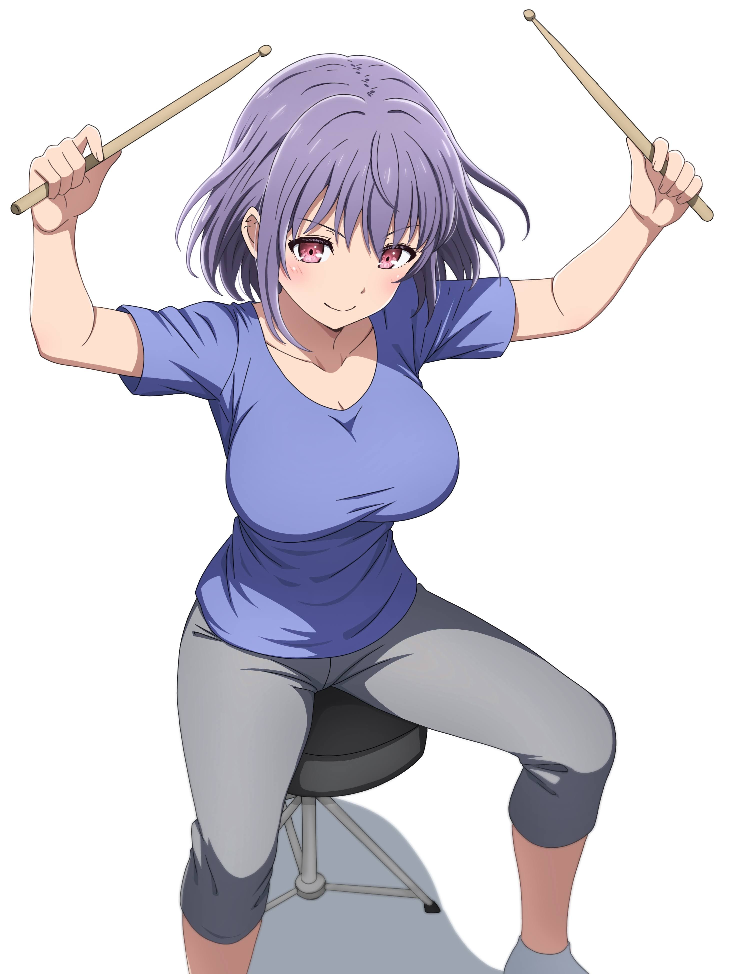 noshimurin, yuutenji nyamu, bang dream!, bang dream! it's mygo!!!!!, absurdres, commentary request, highres, 1girl, blue shirt, blush, breasts, cleavage, closed mouth, collarbone, drumsticks, grey pants, holding, holding drumsticks, large breasts, pants, pink eyes, purple hair, shirt, short hair, short sleeves, simple background, sitting, socks, solo, white background, white socks
