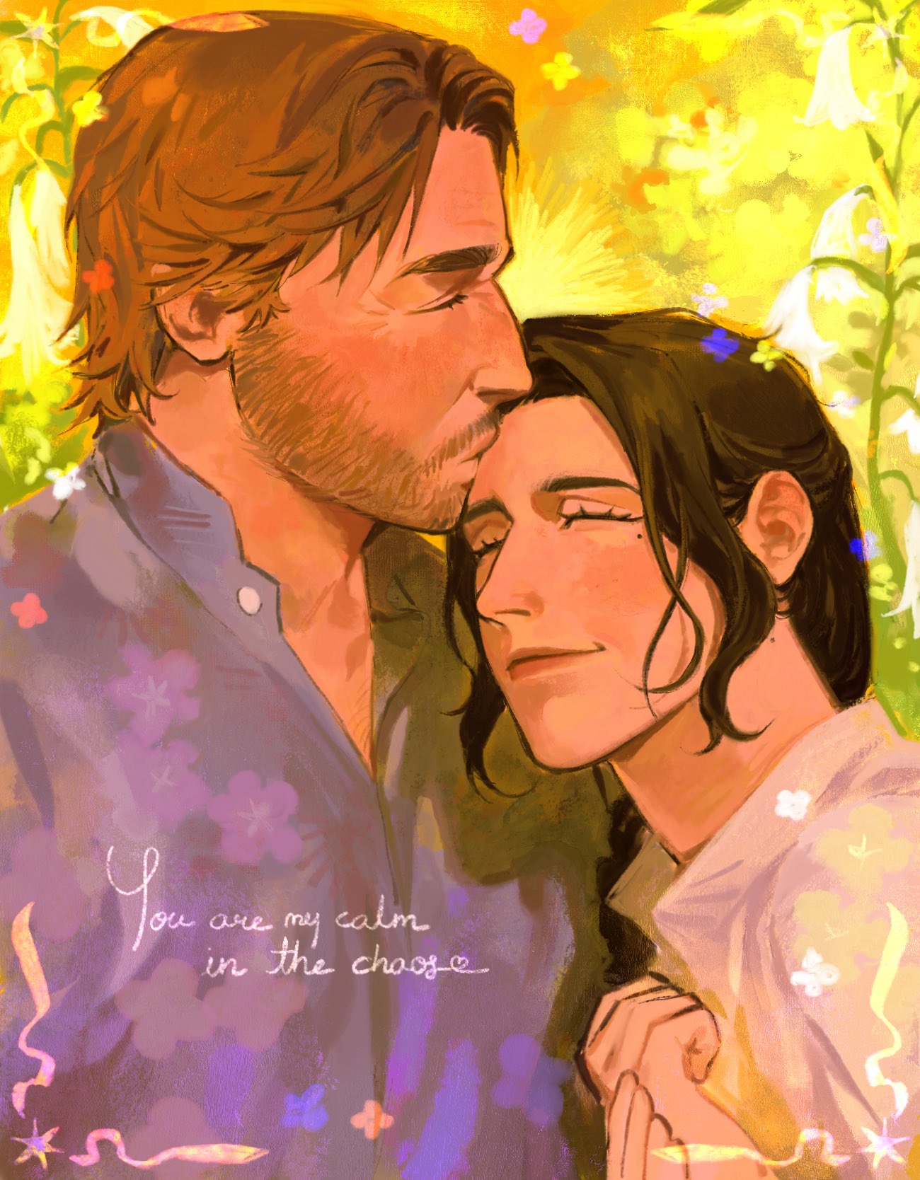 kunnuscumnus, arthur morgan, original, red dead redemption (series), red dead redemption 2, highres, 1boy, 1girl, beard, belle (kunnuscumnus), bellflower, blonde hair, blue shirt, border, braid, braided ponytail, brown hair, calligraphy, closed eyes, closed mouth, drawn flower, drawn heart, english text, eyelashes, facial hair, flower, head on another's shoulder, hetero, inset border, kiss, kissing forehead, light smile, mature male, mole, mole on neck, mole under eye, ornate border, shirt, short hair, side part, side ponytail, upper body, wavy ends, white shirt, yellow background