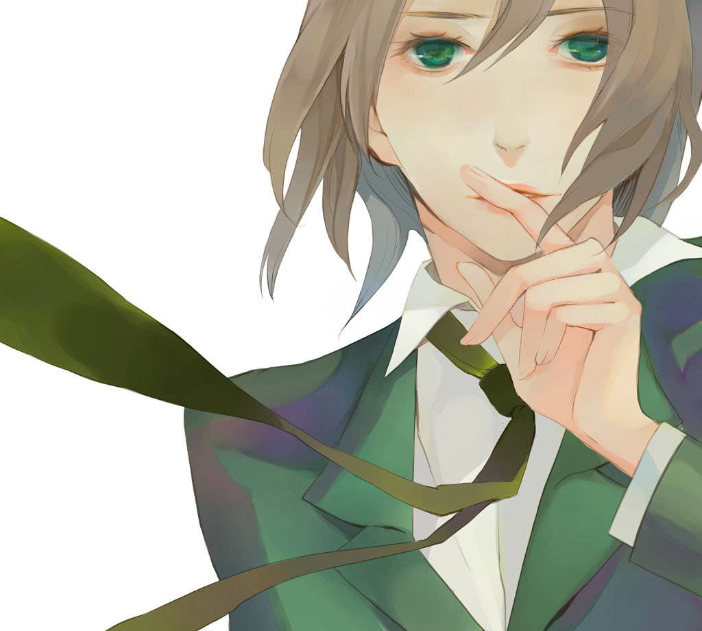 kidchan, lithuania (hetalia), axis powers hetalia, gender request, 00s, androgynous, blouse, brown hair, collared shirt, eyelashes, formal clothes, green eyes, green necktie, hair between eyes, male focus, necktie, shirt, short hair, simple background, solo, suit, white background, white shirt