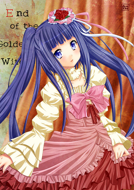pengin guriko, furudo erika, umineko no naku koro ni, blue eyes, blue hair, dress, flower, hair ornament, twintails