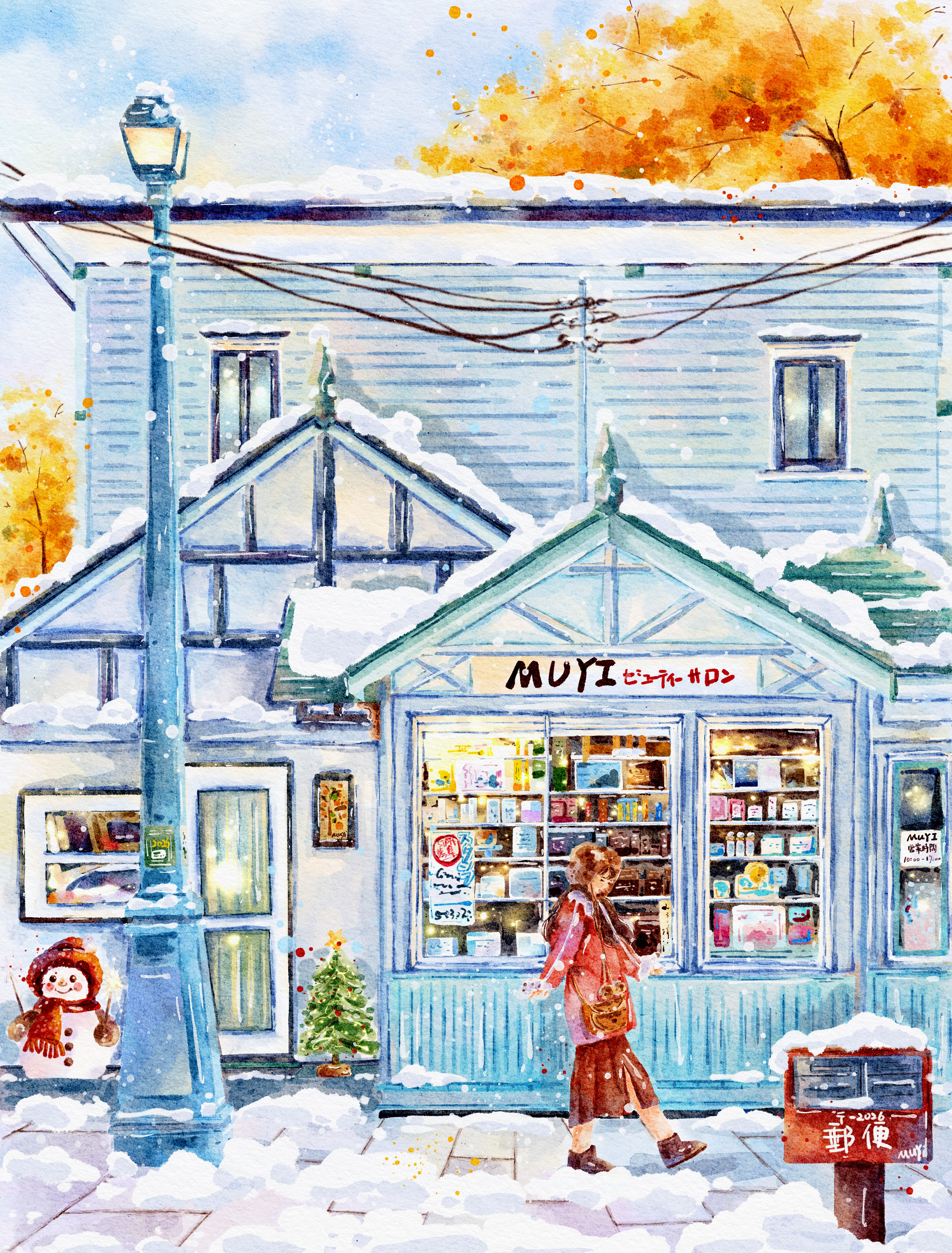 original, absurdres, chinese commentary, commentary request, highres, 1girl, autumn leaves, boots, brown hair, building, coat, day, from side, lamppost, leaf, long hair, muyi (rmkr5237), outdoors, power lines, red coat, red skirt, scenery, skirt, snow, snowing, snowman, solo, tree, walking, wide shot, winter