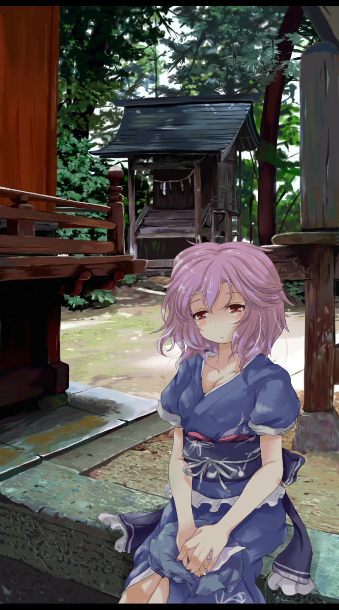 nejime, saigyouji yuyuko, touhou, bad id, bad pixiv id, highres, 1girl, blush, dress, female focus, nature, outdoors, plant, purple hair, red eyes, short hair, sitting, solo